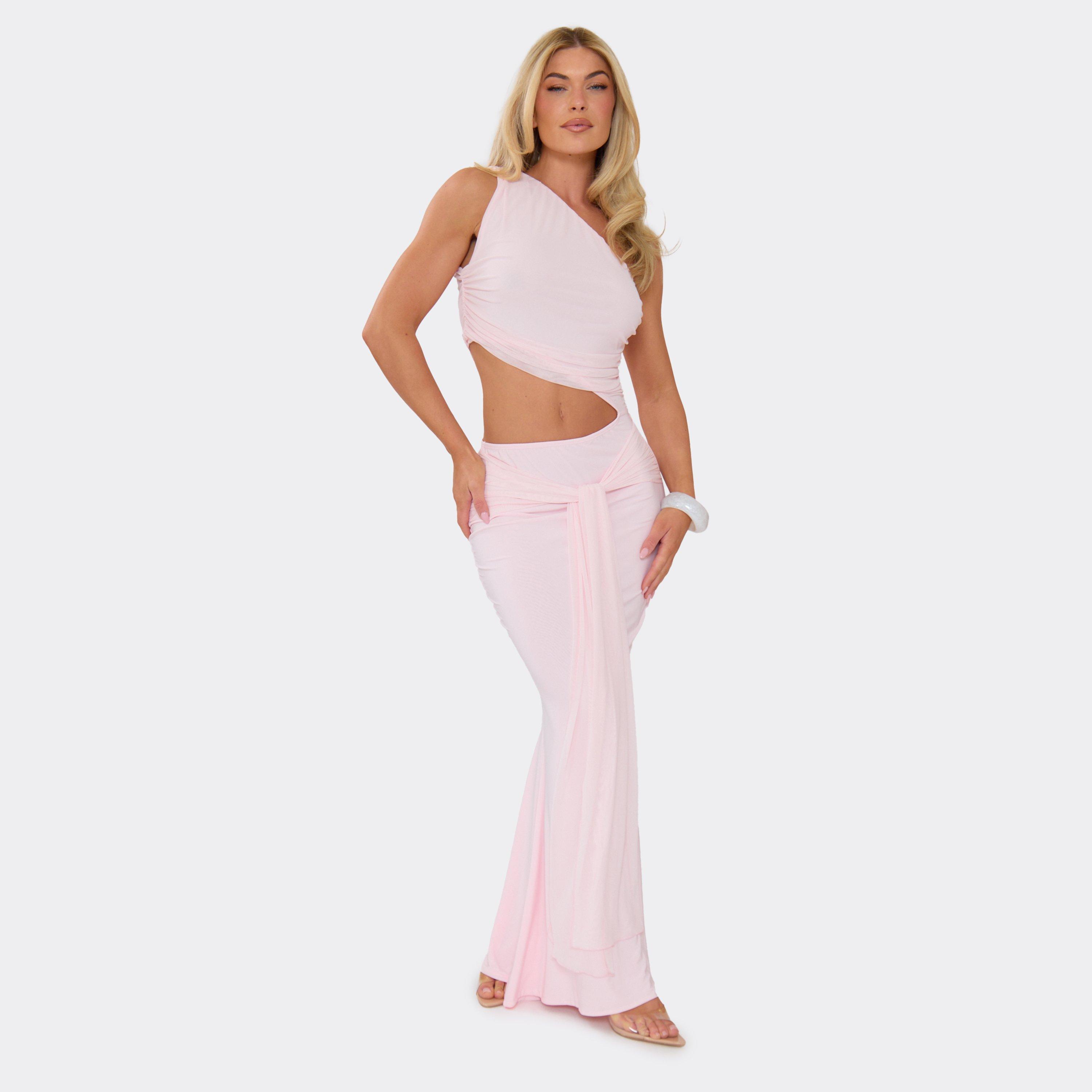 One Shoulder Cut Out Side Draped Front Maxi Dress In Baby Pink, Women's Size UK 12