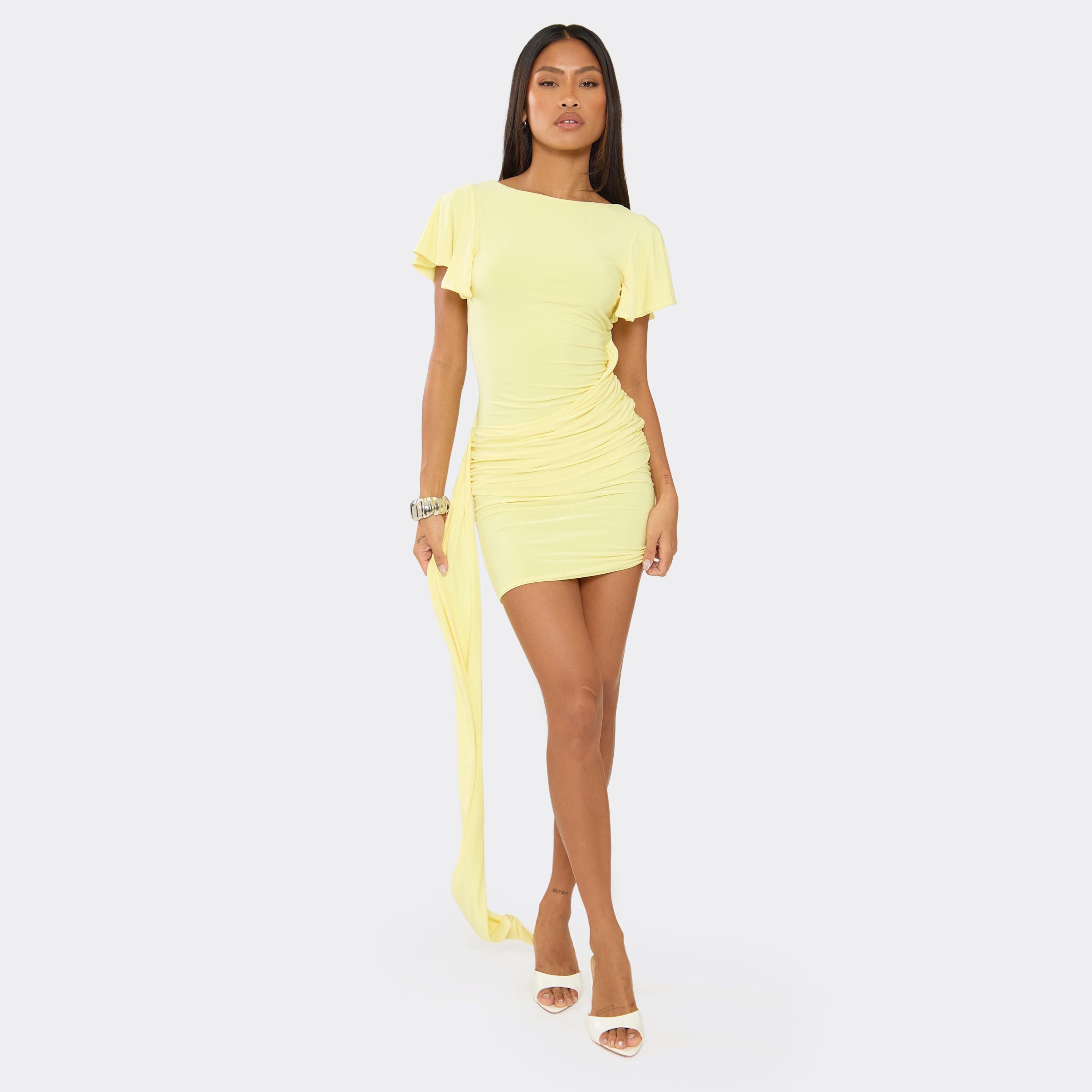 Short Sleeve Ruched Panel Detail Draped Mini Dress In Yellow, Women’s