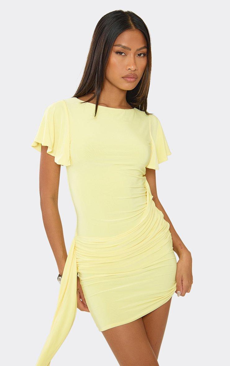 yellow fitted dress Atria 6847H Elegant Stretch Jersey Mermaid Evening Gown Red / XL delicately beaded Short Sleeve Ruched Panel Detail