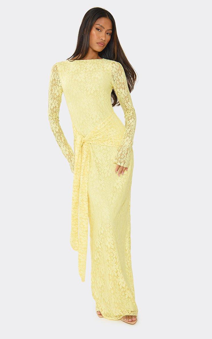 long sleeve long yellow dress Embellished Neck Maxi 95% Polyester 5% Spandex Lining Noni Yellow Print Long-Sleeve Resort