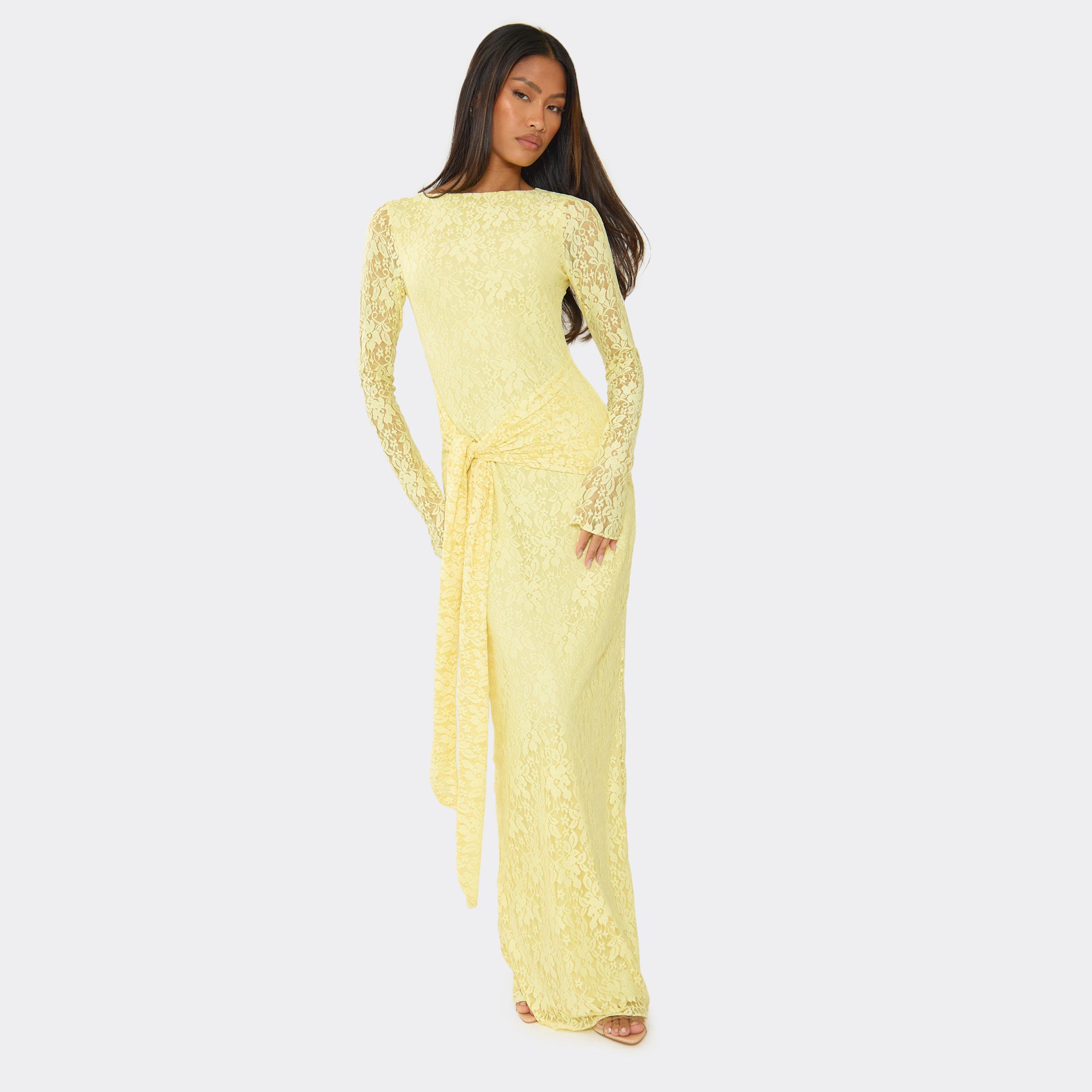 Long Sleeve Tie Front Maxi Dress In Lemon Lace, Women’s