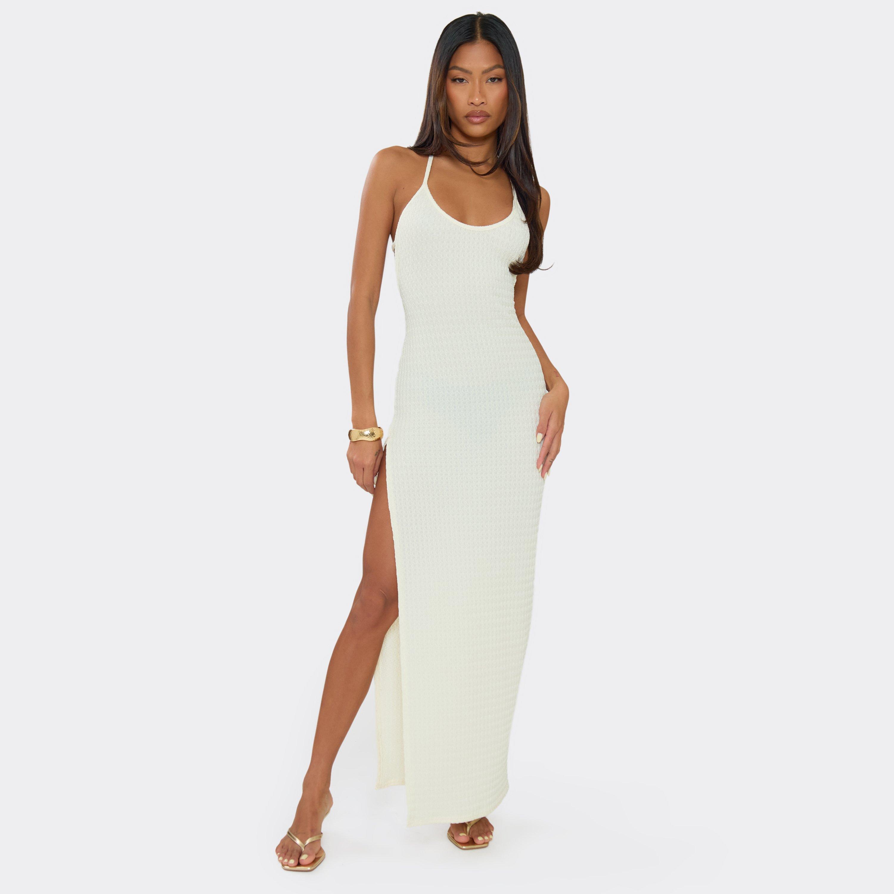 Halterneck Strappy Back Side Split Maxi Dress In Cream Textured Sheer, Women’s
