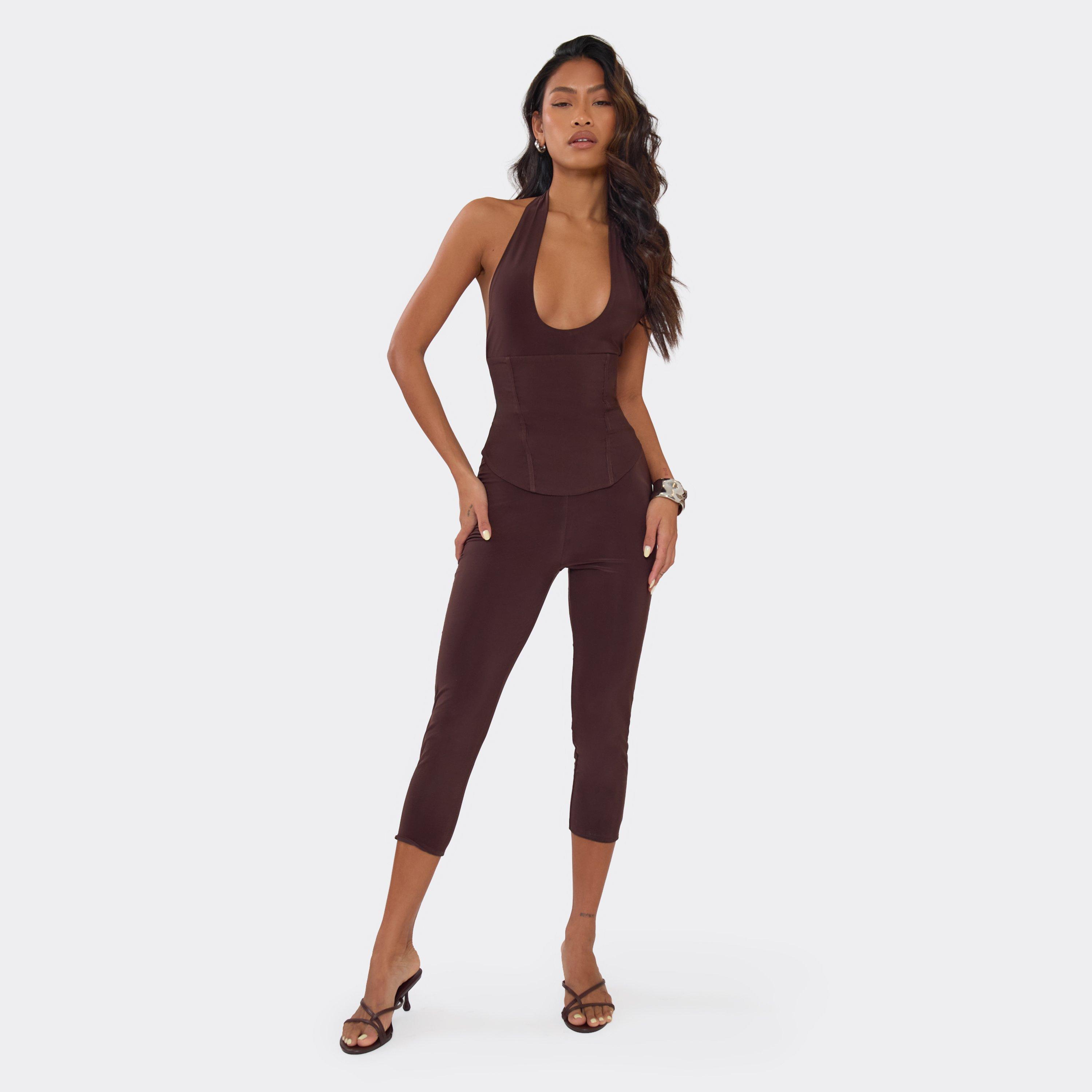 Halterneck Plunge Front Corset Capri Jumpsuit In Chocolate Brown, Women's Size UK 12