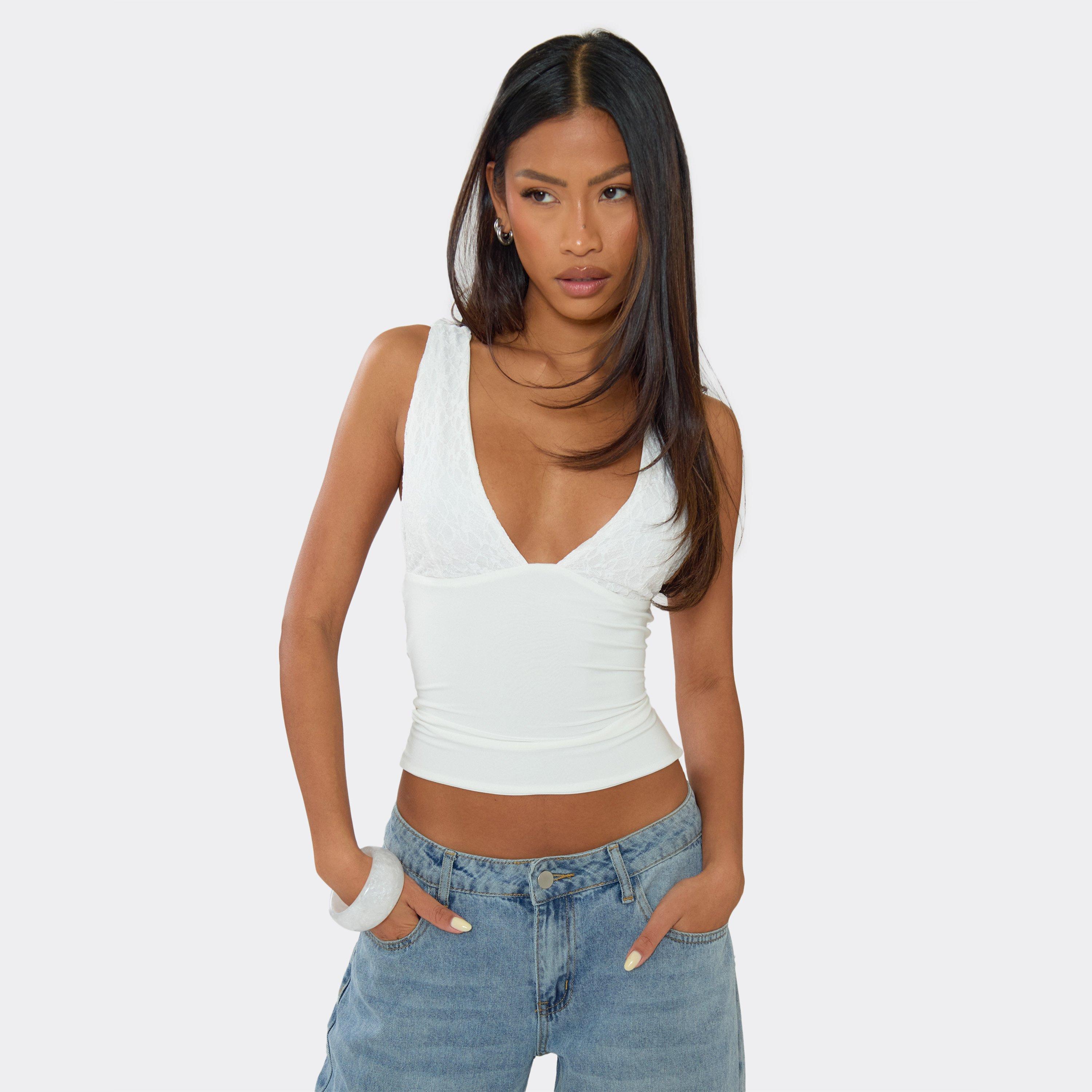 Image of Sleeveless Lace Cup Detail Vest Top In White, Women's