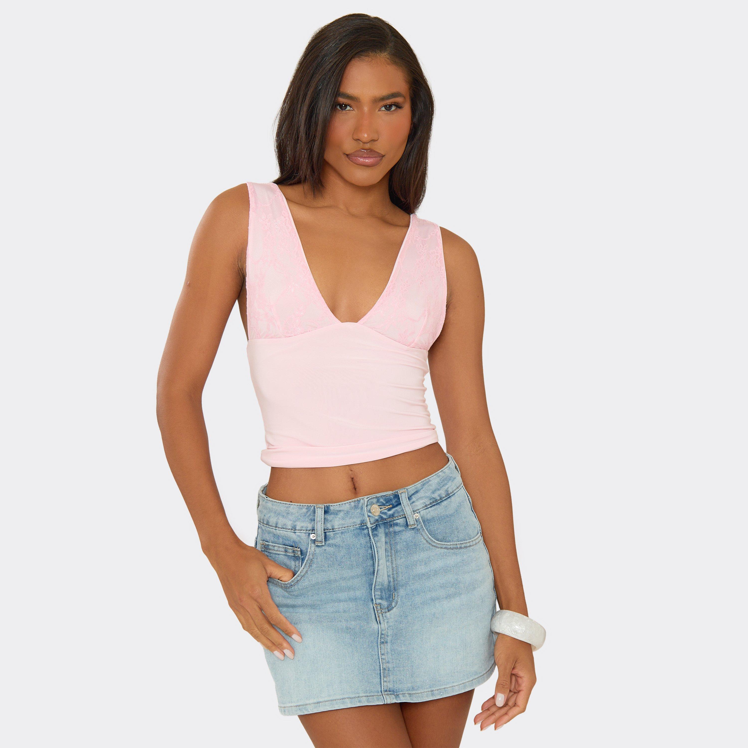 Sleeveless Lace Cup Detail Vest Top In Pink, Women’s