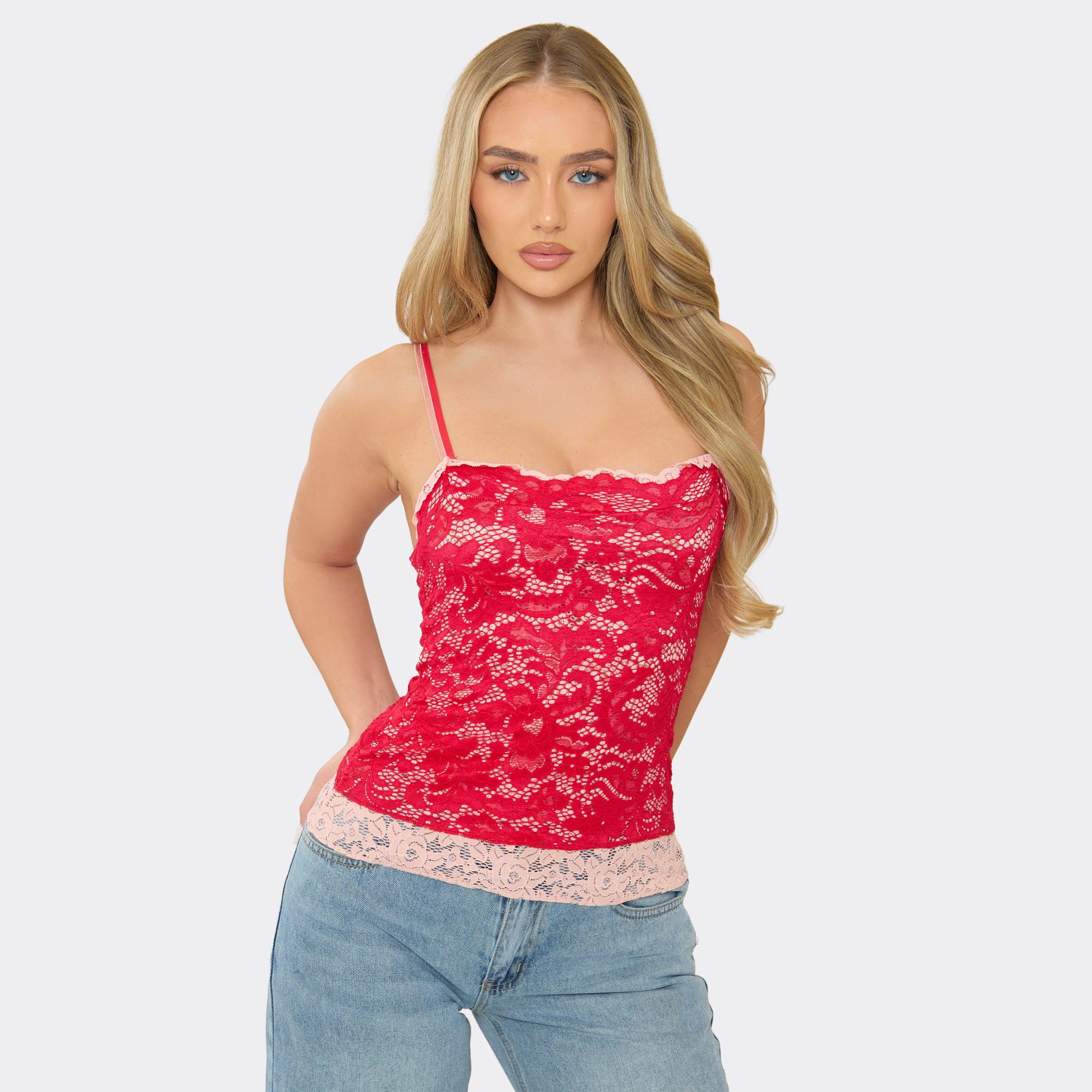 Image of Strappy Contrast Layered Vest Top In Red Lace, Women's