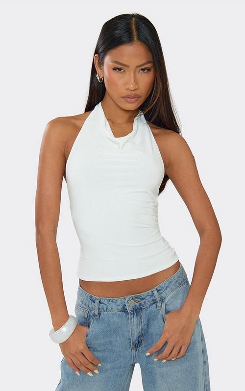 Halter Neck Broderie Trim Detail Top In White | EGO US | EGO