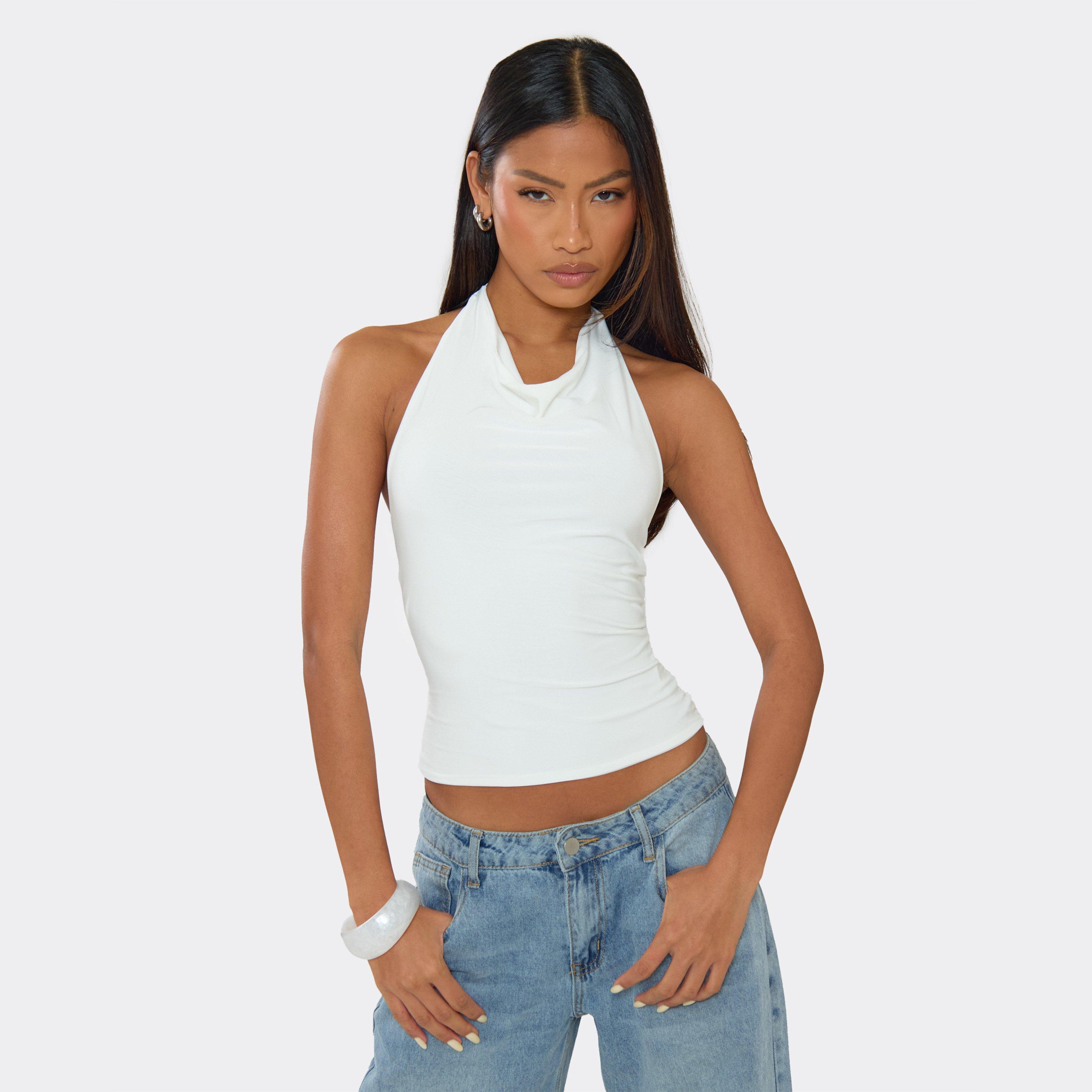 Image of Cowl Neck Open Back Top In White Slinky, Women's