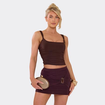 Mid Rise Trim Front Detail Ruched Mini Skirt In Chocolate Brown, Women's Size US