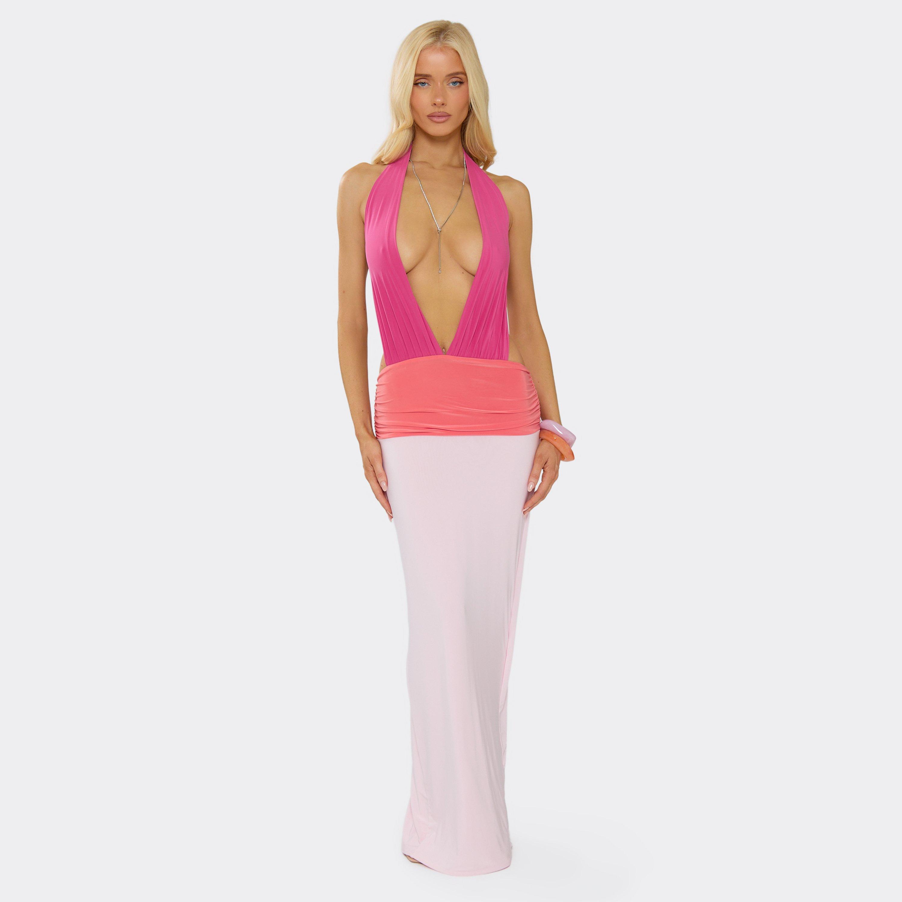 Plunge Halterneck Contrast Detail Maxi Dress In Pink, Women’s
