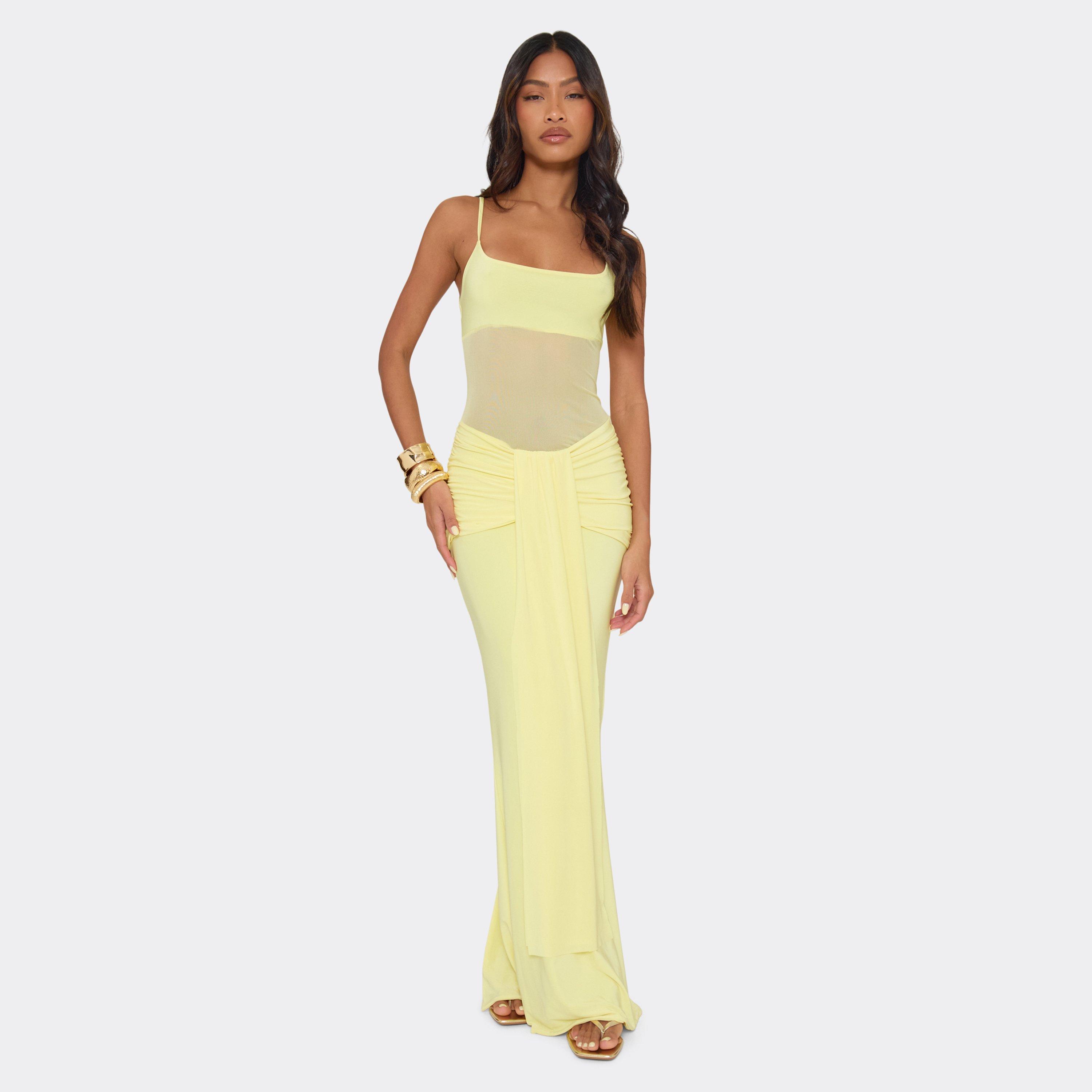 Strappy Sheer Panel Draped Front Ruched Maxi Dress In Yellow, Women’s