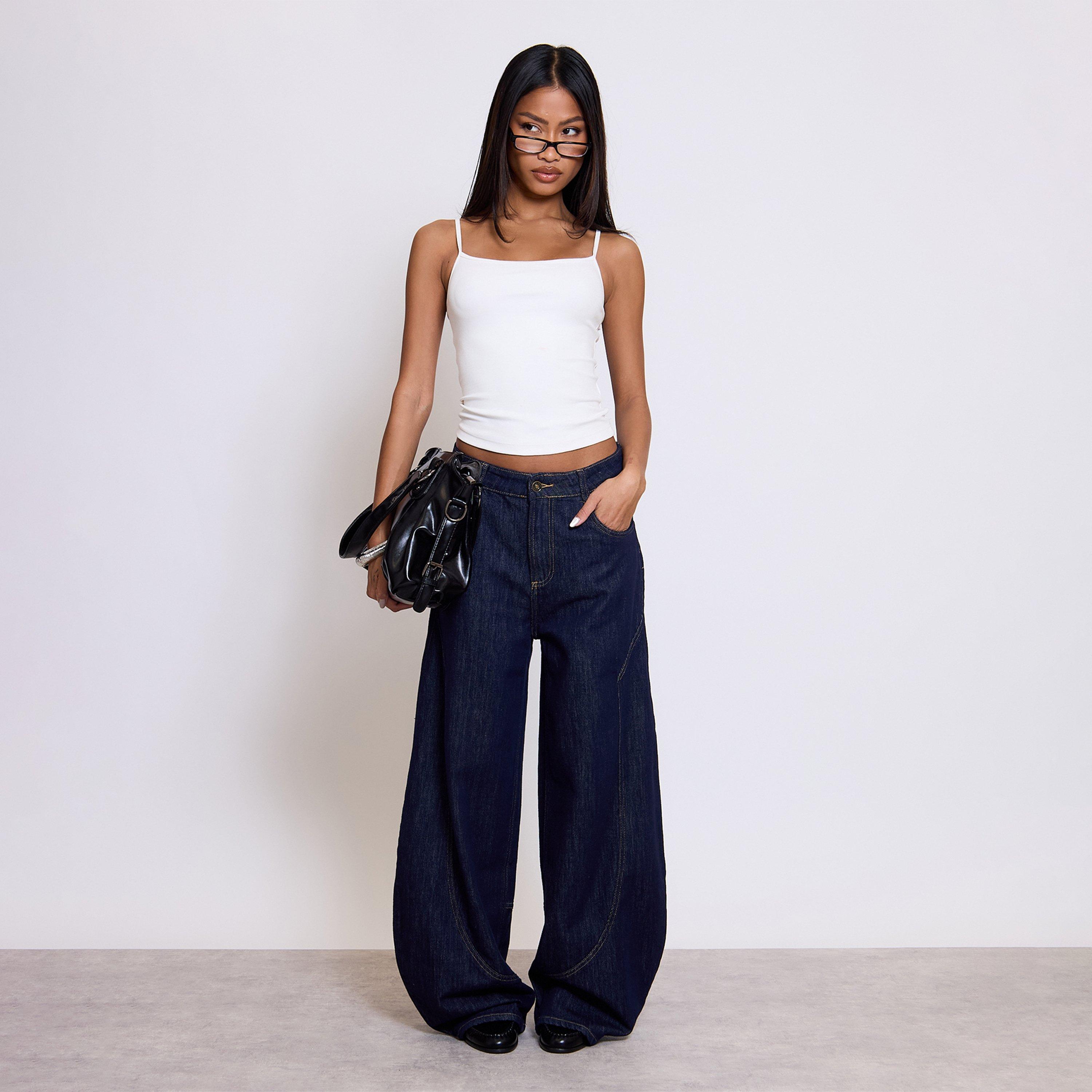 Mid Rise Seam Detail Barrel Jeans In Indigo Blue Denim, Women's Size UK L