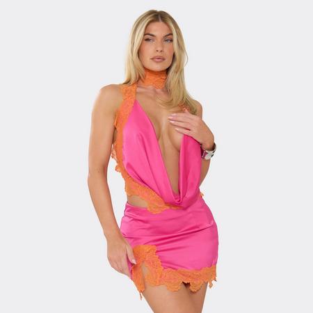 Orange Lace Trim Split Hem Mini Skirt In Pink Satin, Women's Size US