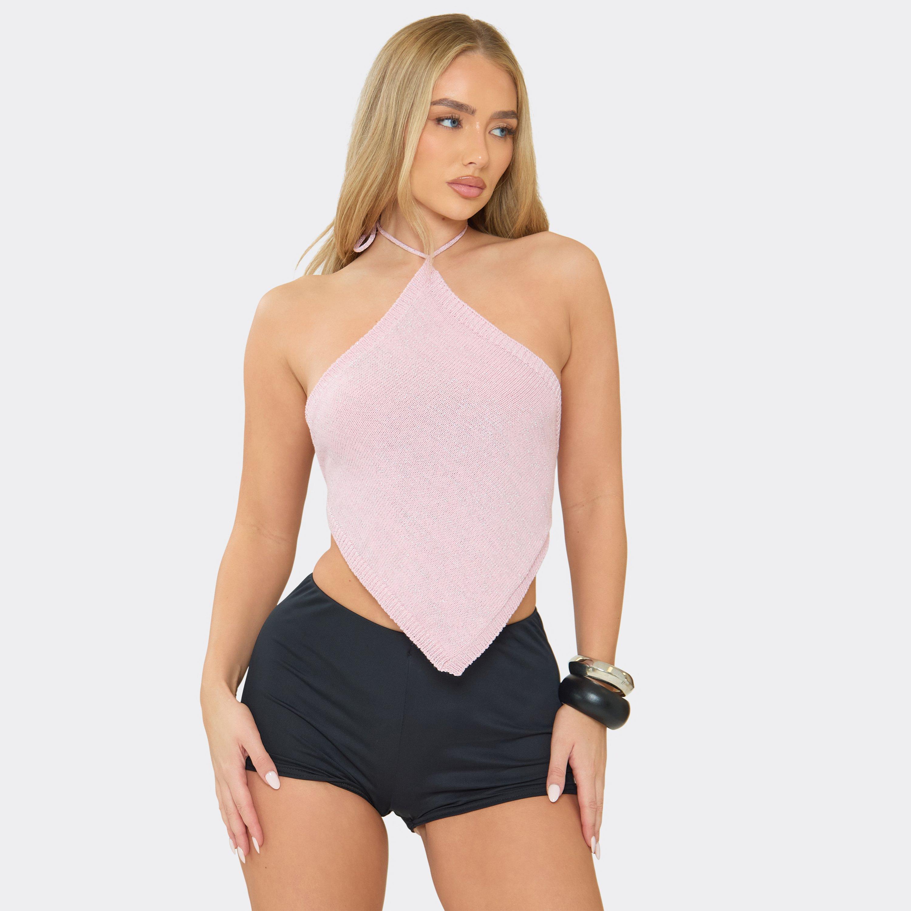 Image of Halterneck Pointed Hem Top In Pink Glitter, Women's Size UK L