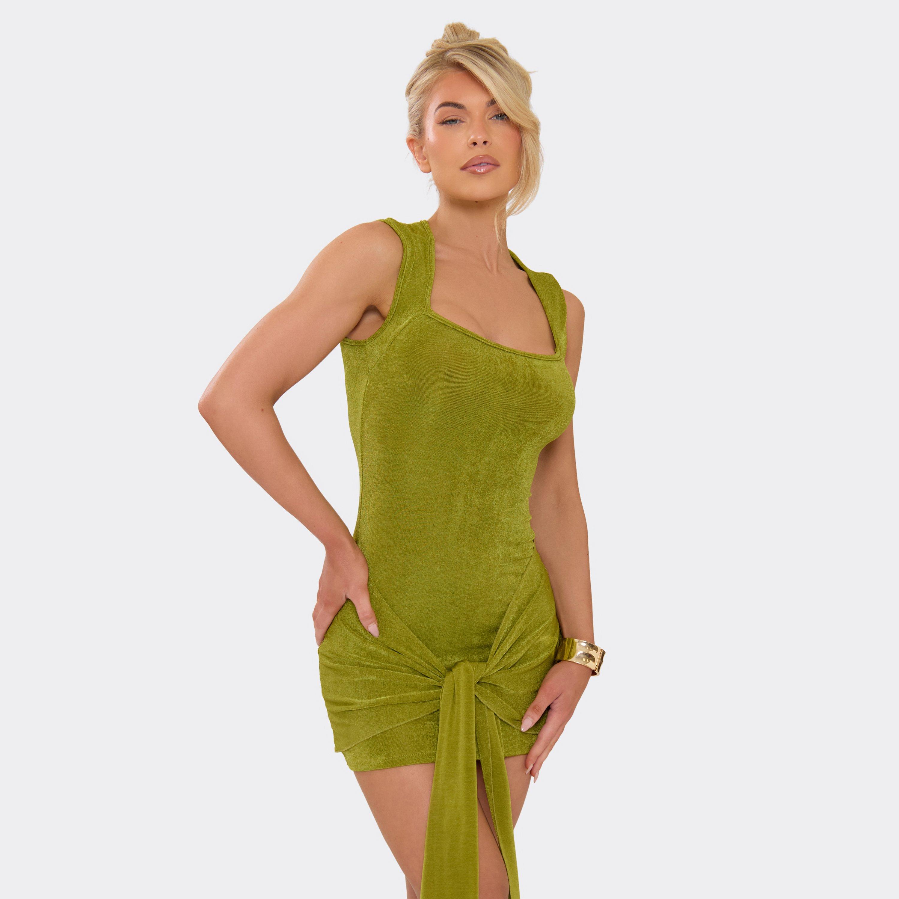 Square Neck Drape Mini Dress In Khaki Green, Women's Size UK 14