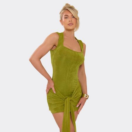 Square Neck Drape Mini Dress In Khaki Green, Women's Size US
