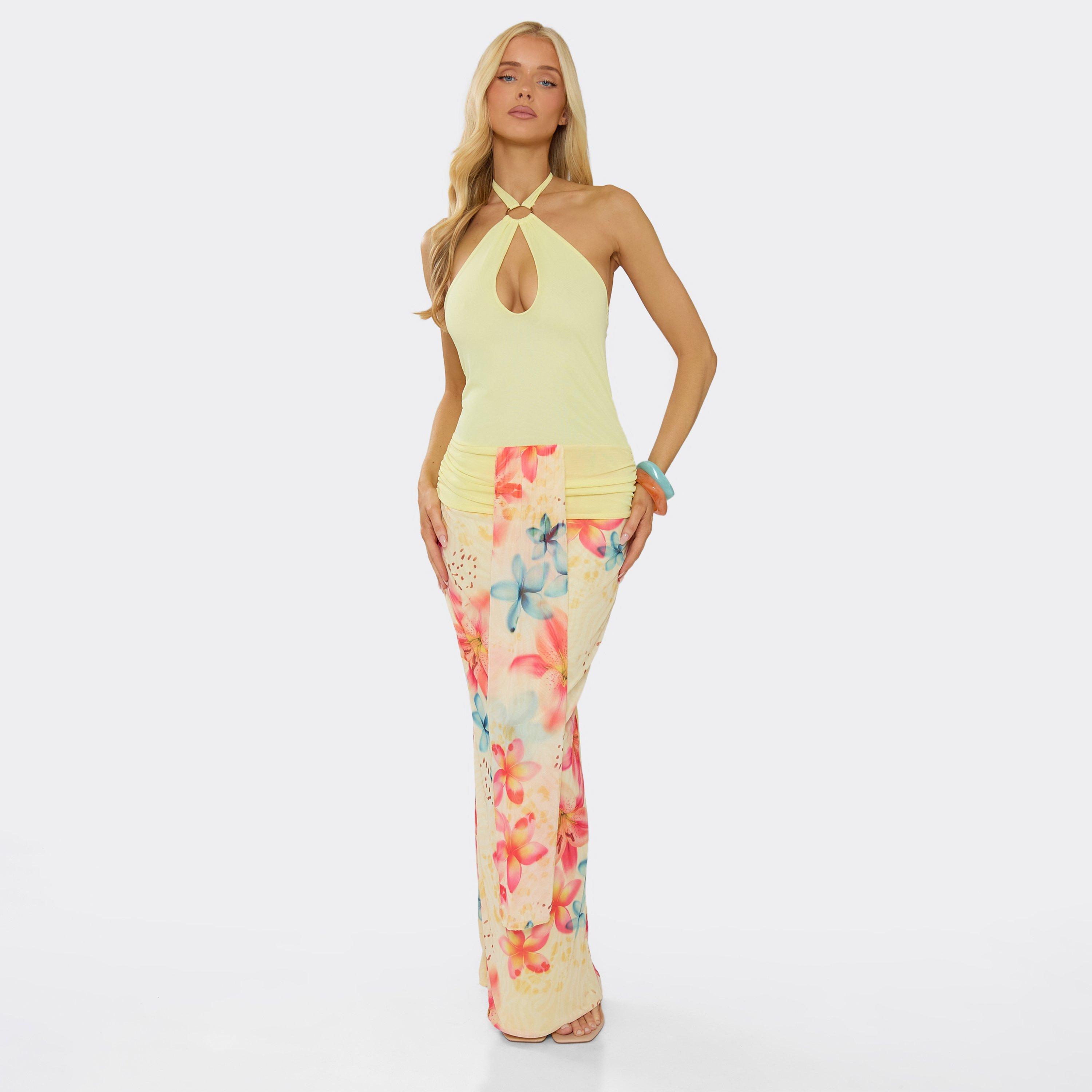 Halterneck Cut Out Drape Front Maxi Dress In Yellow Floral Print, Women’s