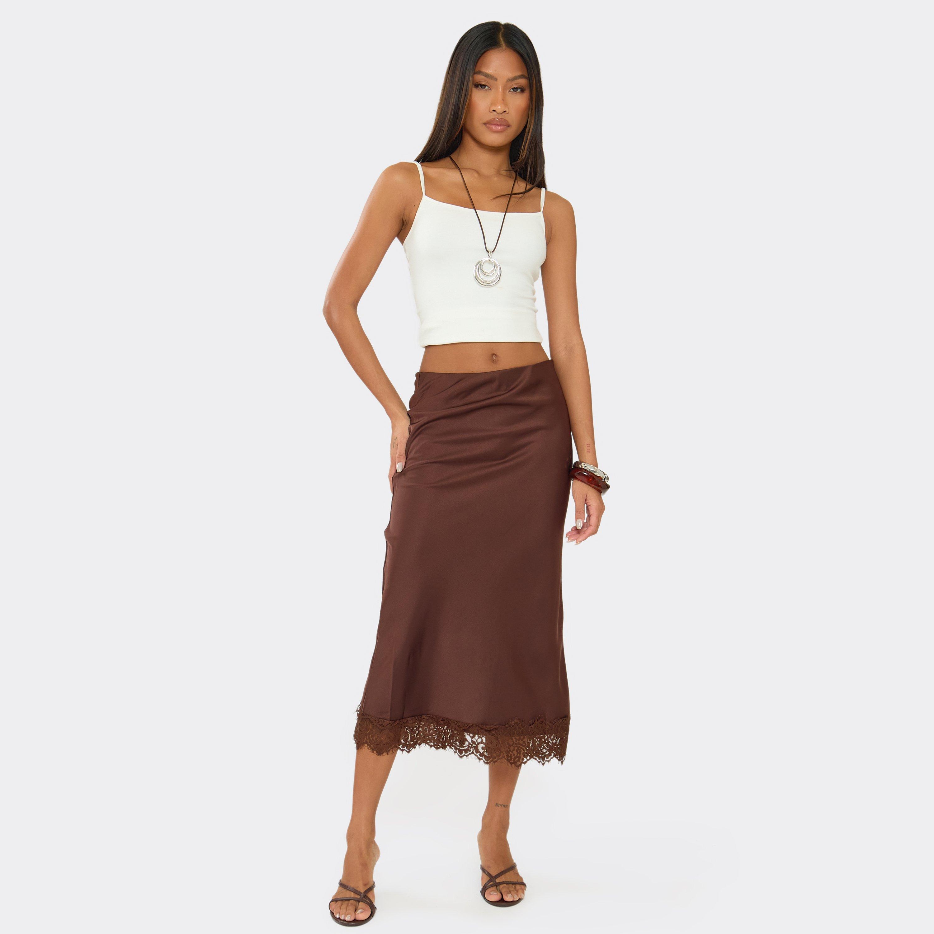 Mid Rise Lace Trim Midi Skirt In Chocolate Brown Satin, Women’s