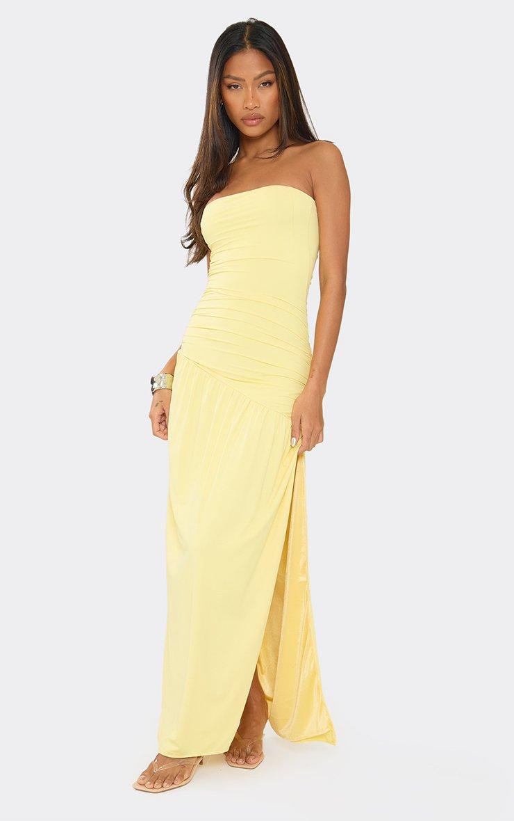 navy blue dress for baby girl Willa Taupe Satin Bandeau Maxi Dress With Asymmetric Hem – Club L London main image 0