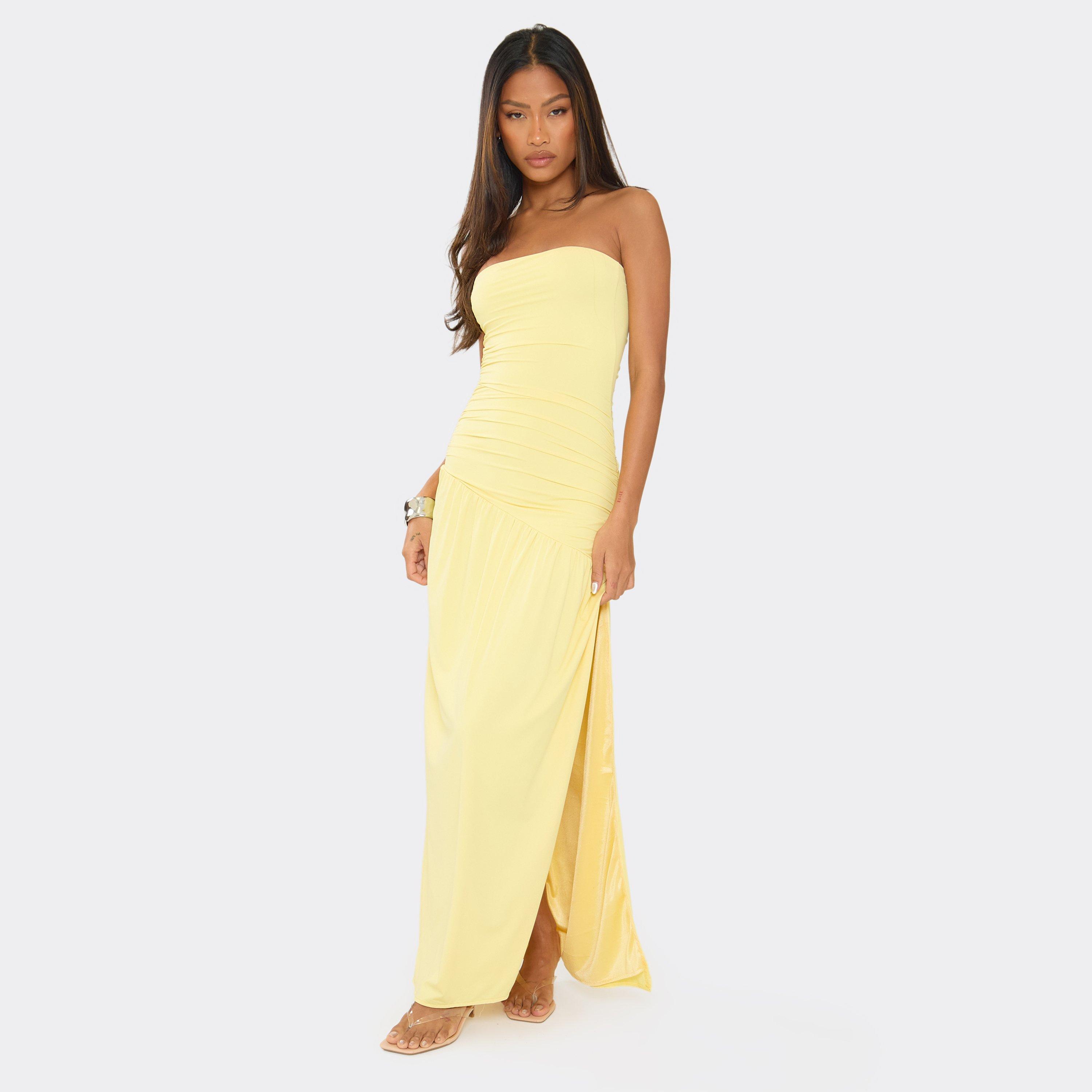Bandeau Asymmetric Hem Detail Side Split Draped Maxi Dress In Lemon Yellow, Women's Size UK XL