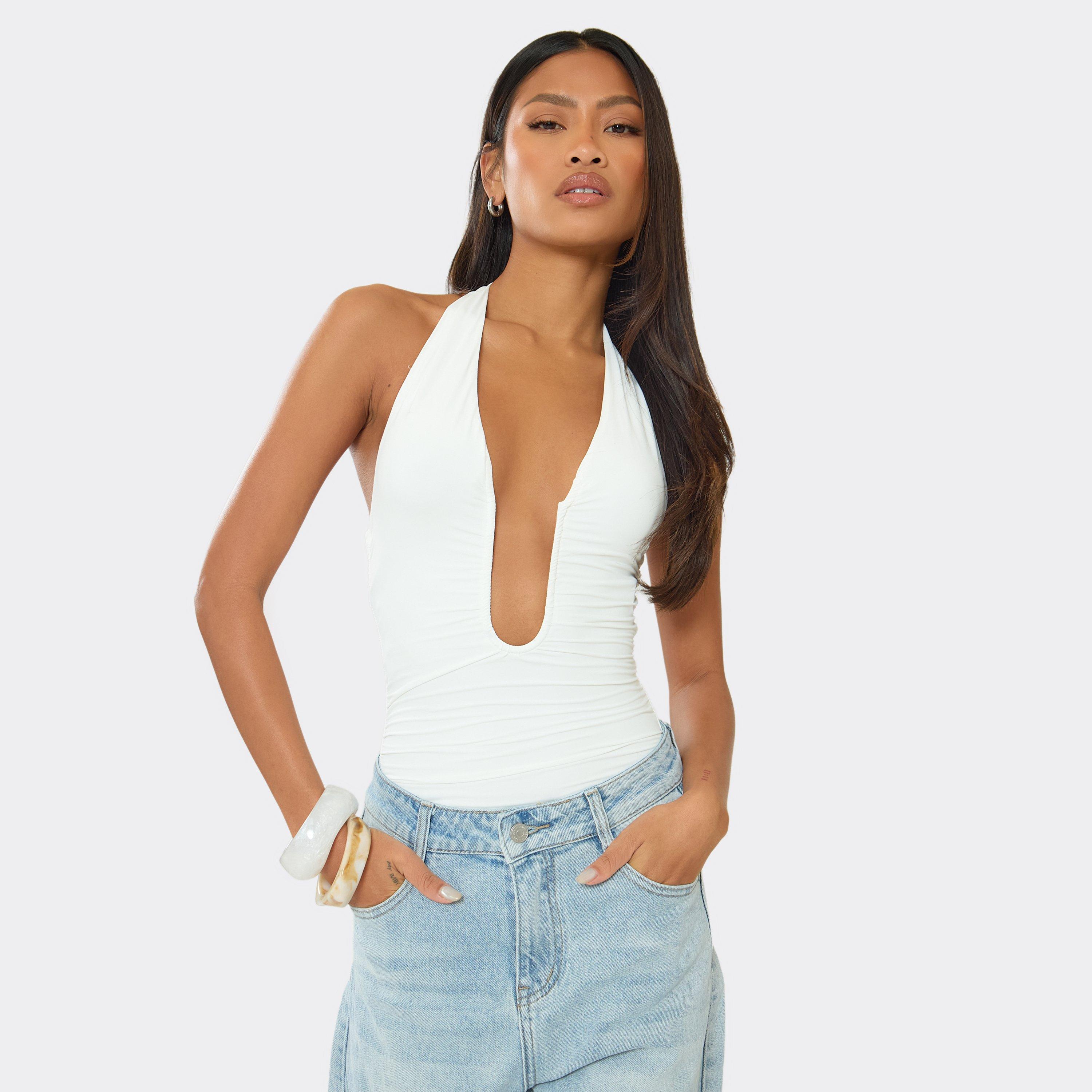 Halterneck Plunge Front Detail Bodysuit In White Slinky, Women’s