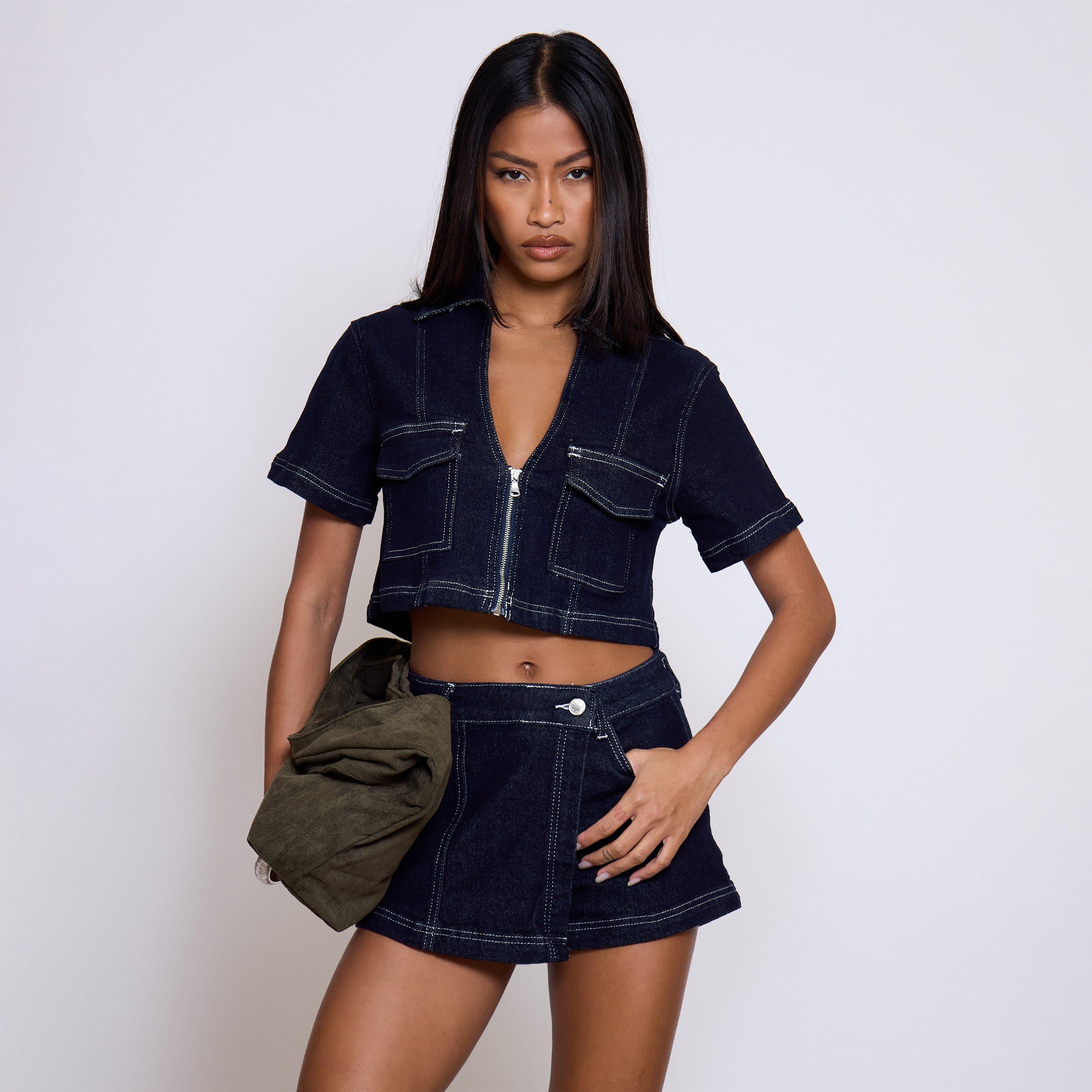 Short Sleeve Zip Front Stitch Detail Top In Indigo Blue Denim, Women's Size UK 10