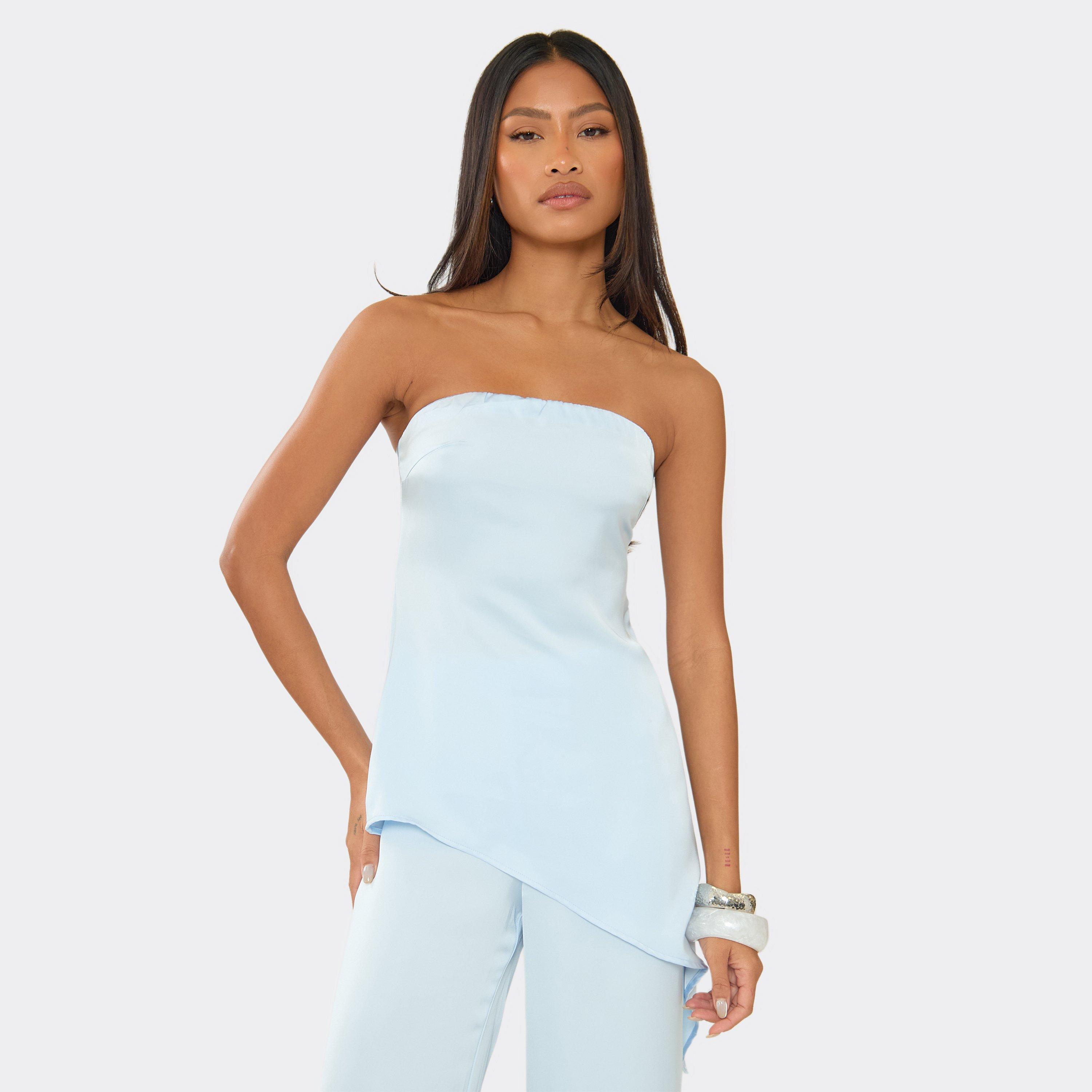 Image of Bandeau Asymmetric Detail Top In Baby Blue Satin, Women's Size UK M