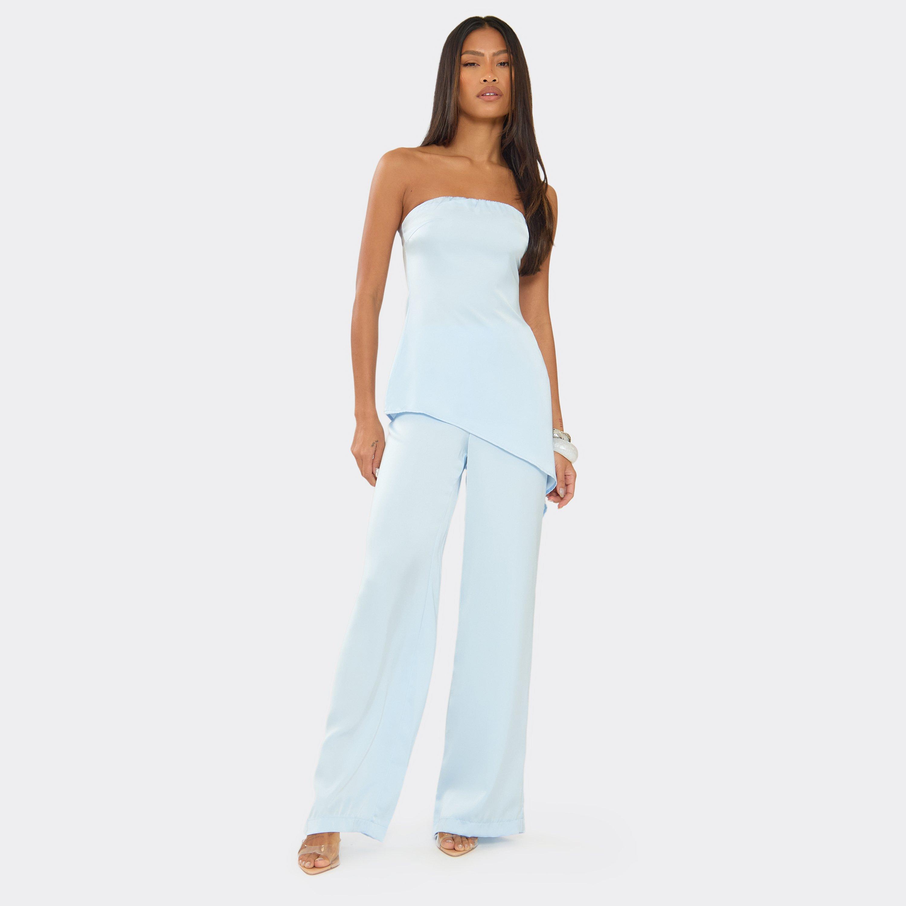 Mid Rise Wide Leg Floaty Trousers In Baby Blue Satin, Women’s