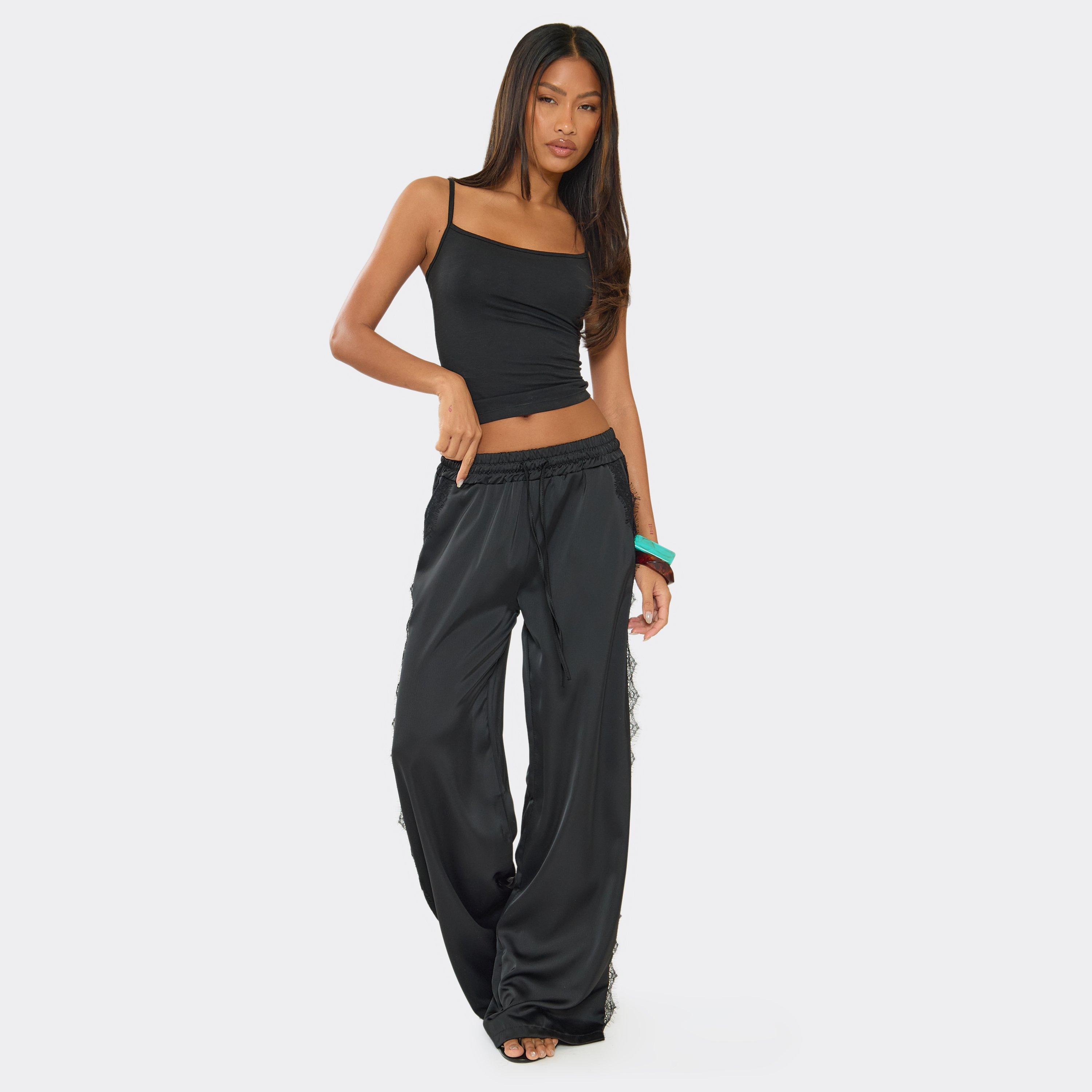 Mid Rise Lace Trim Side Detail Wide Leg Floaty Trousers In Black Satin, Women’s