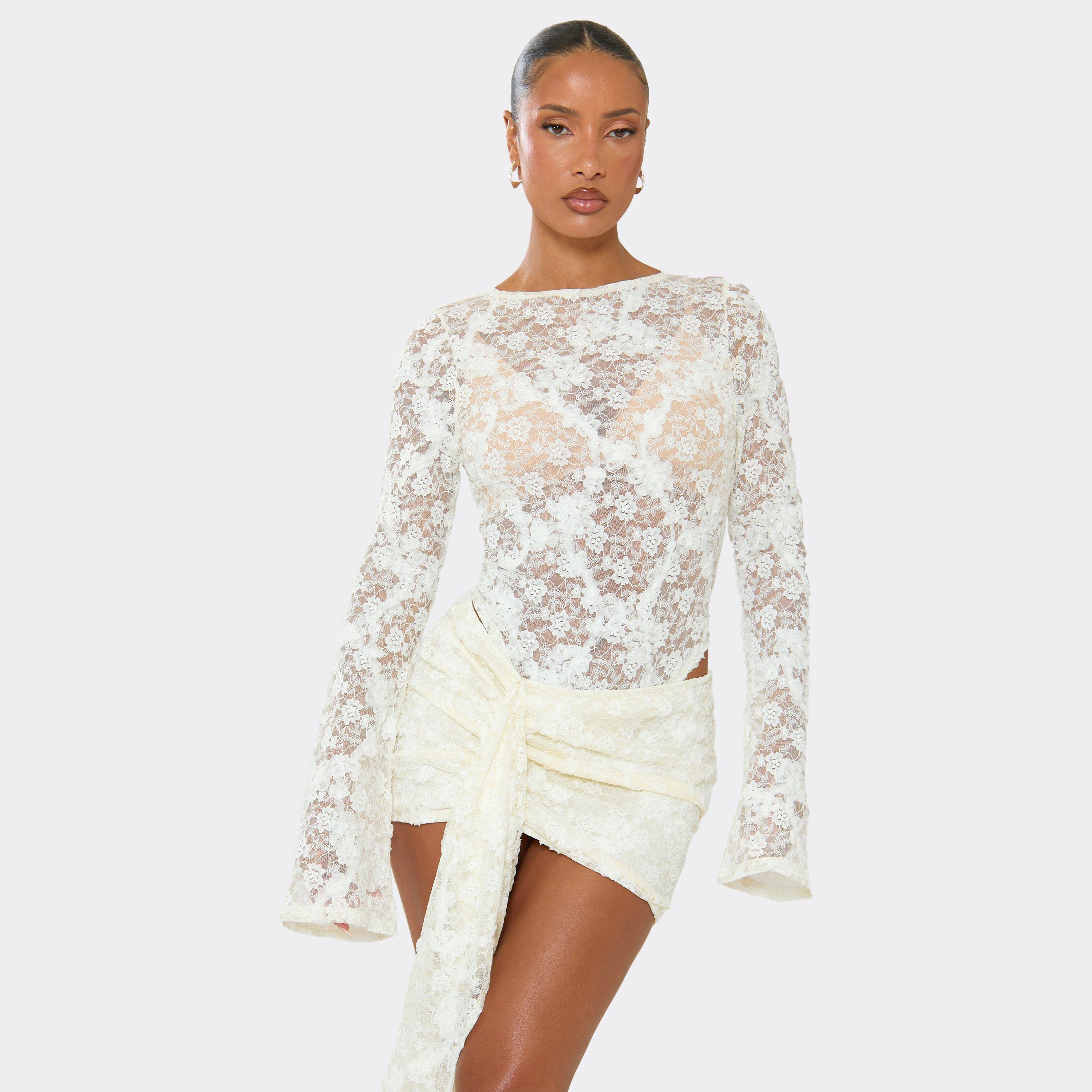 Long Sleeve Bodysuit In Ivory Lace, Women's Size UK 6