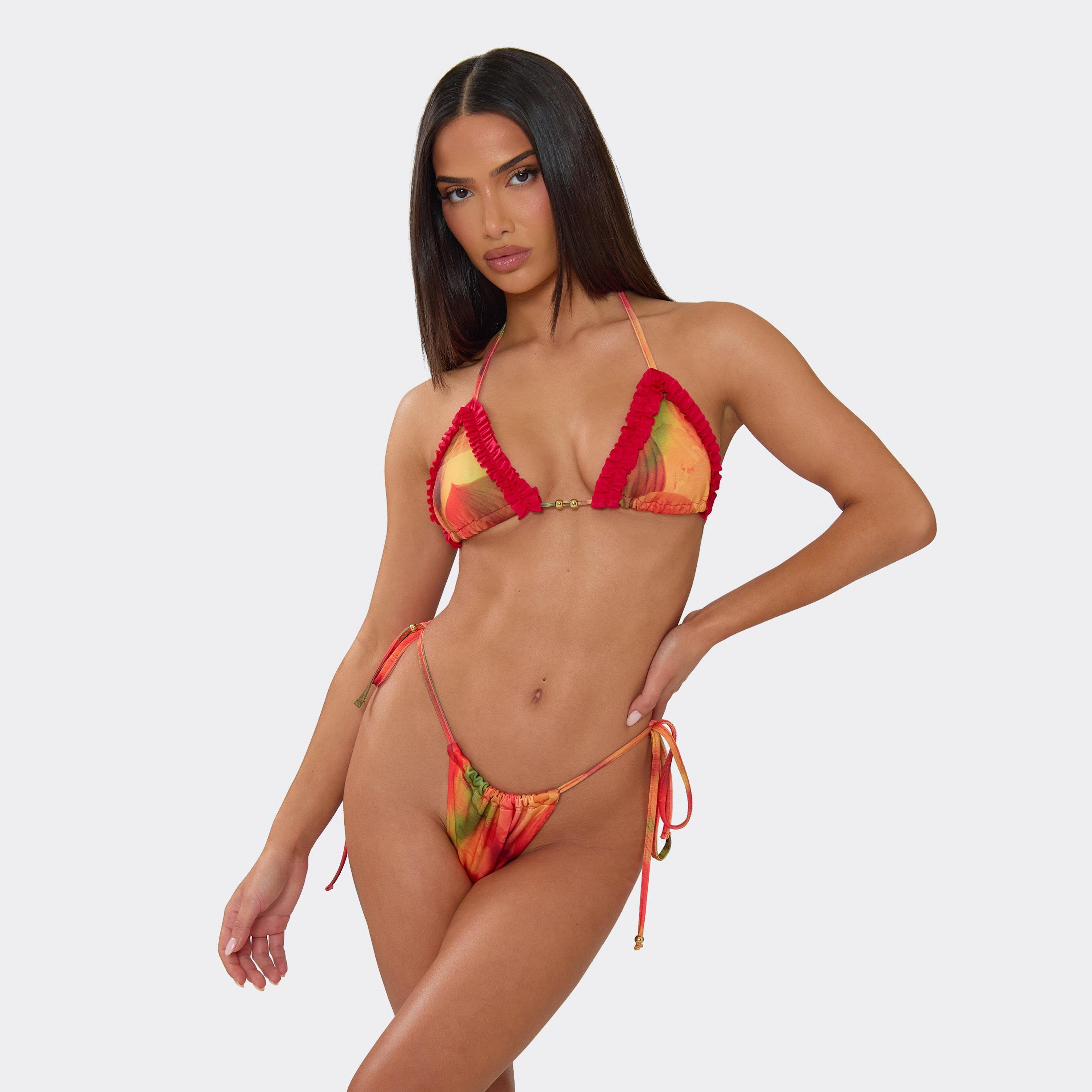 Contrast Frill Beaded Detail Triangle Bikini Set In Red Abstract Floral Print, Women’s