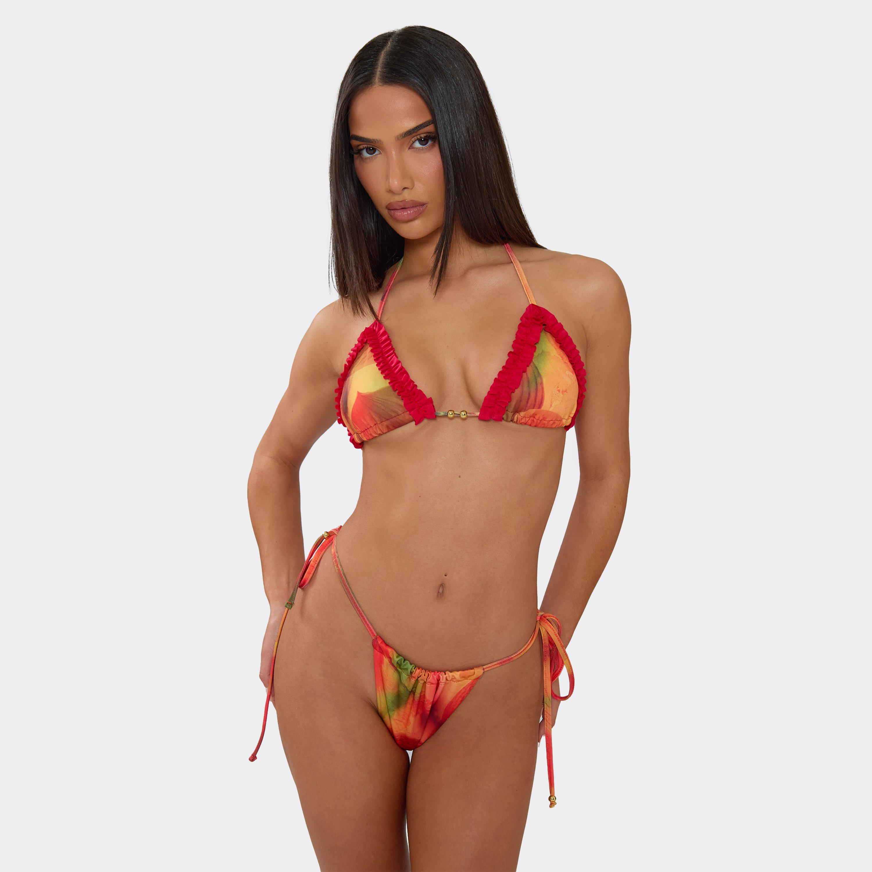 Contrast Frill Beaded Detail Triangle Bikini Set In Red Abstract Floral Print, Women's Size UK 12