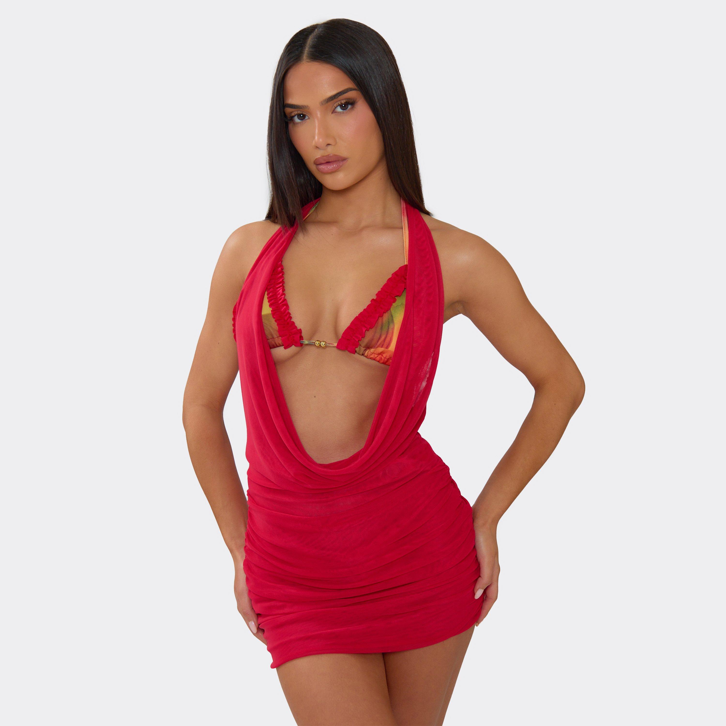 Cowl Halterneck Draped Front Ruched Mini Beach Dress In Red, Women's Size UK 6