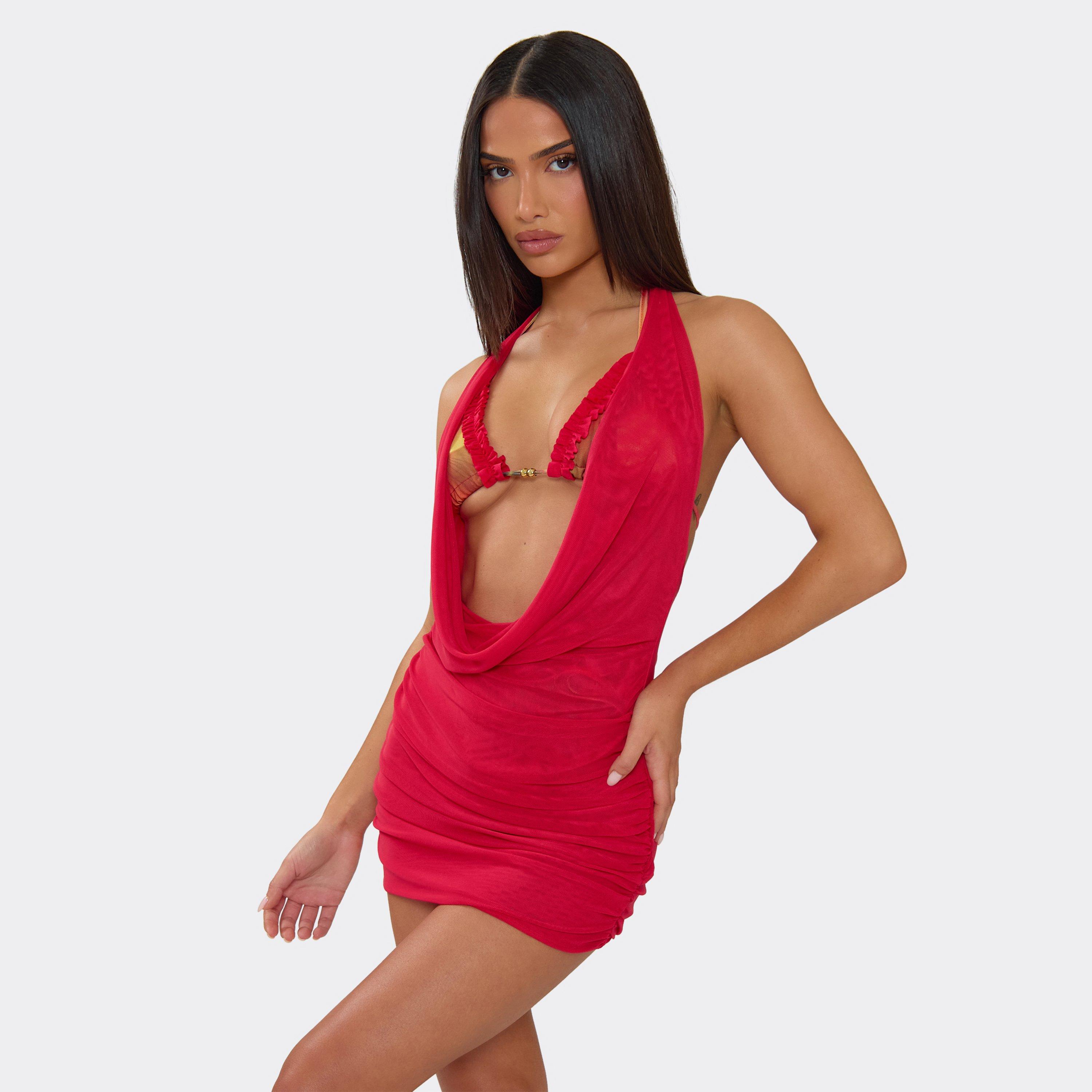 Cowl Halterneck Draped Front Ruched Mini Beach Dress In Red, Women’s
