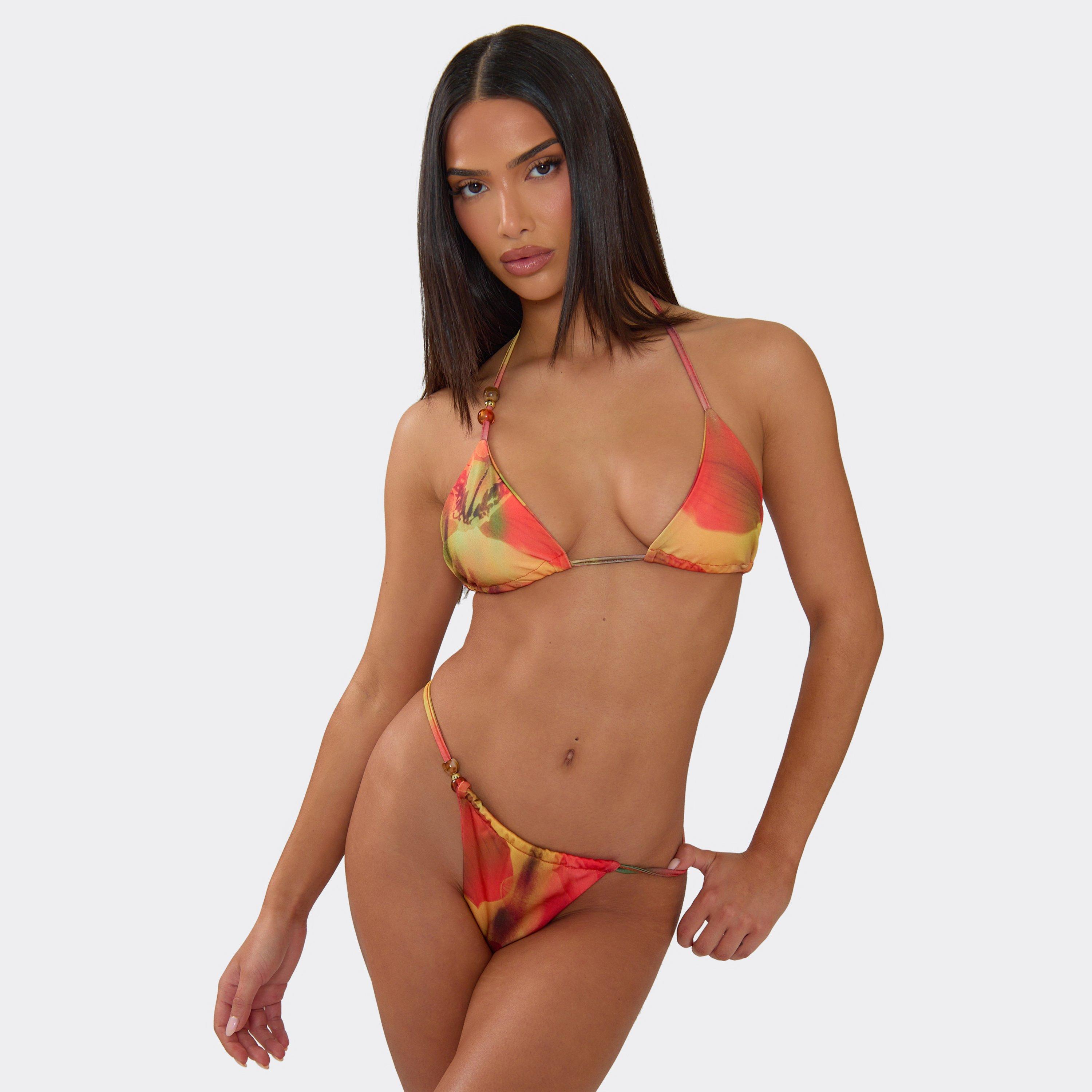 Beaded Detail Triangle Bikini Set In Red Abstract Floral Print, Women’s