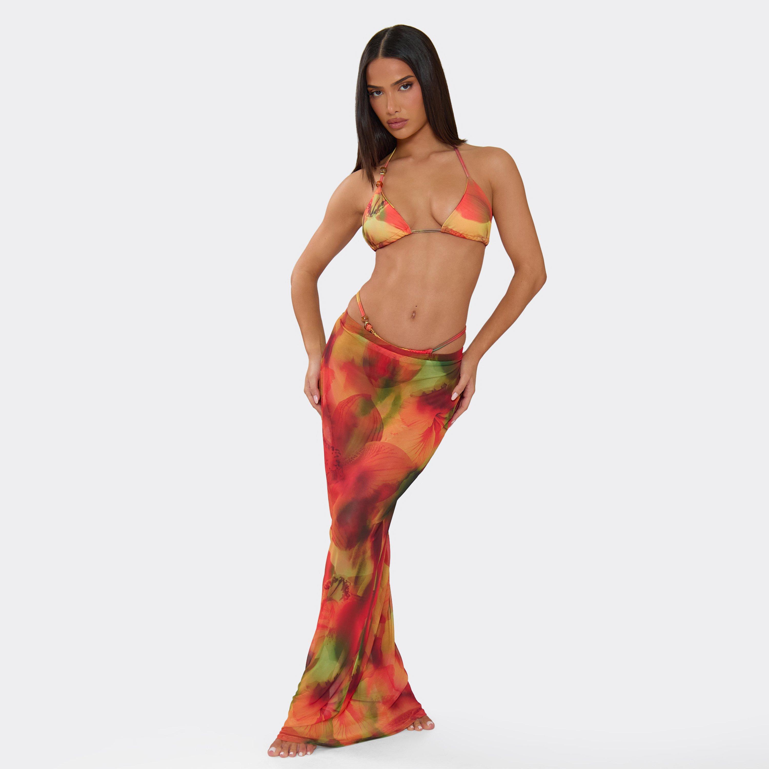 Maxi Beach Skirt In Red Abstract Floral Print, Women’s