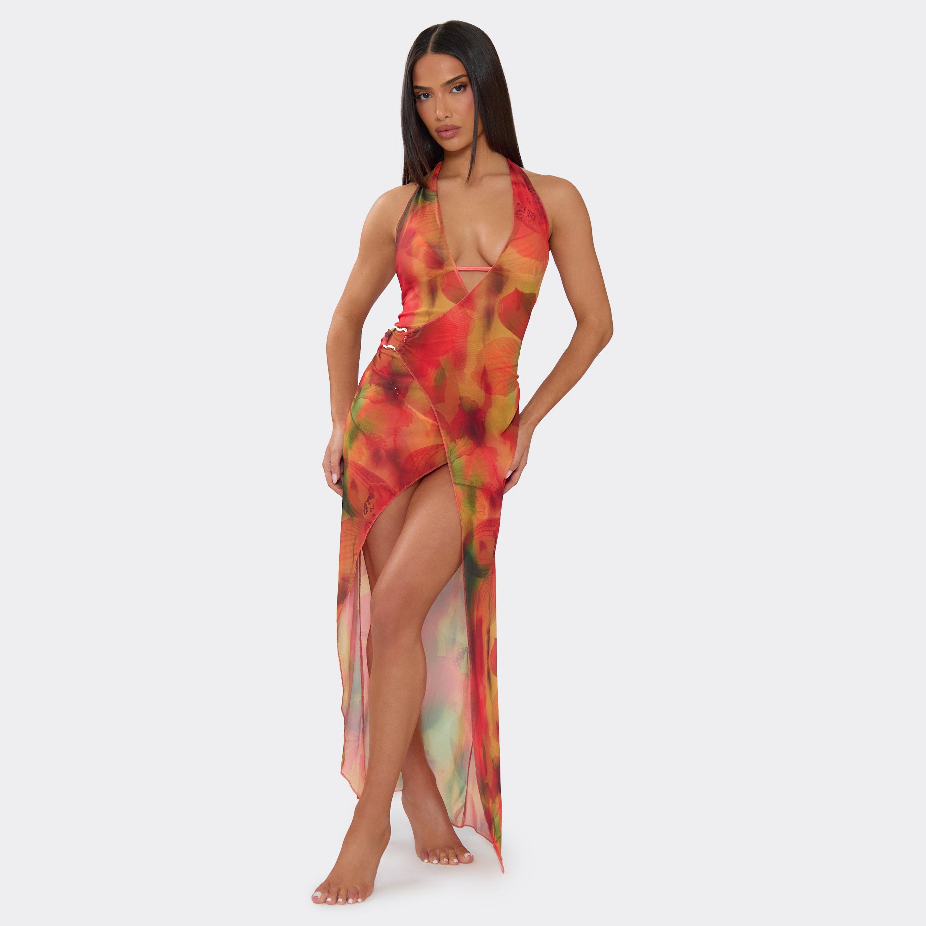 Plunge Halterneck Trim Detail Side Split Maxi Beach Dress In Red Abstract Floral Print, Women's Size UK 14