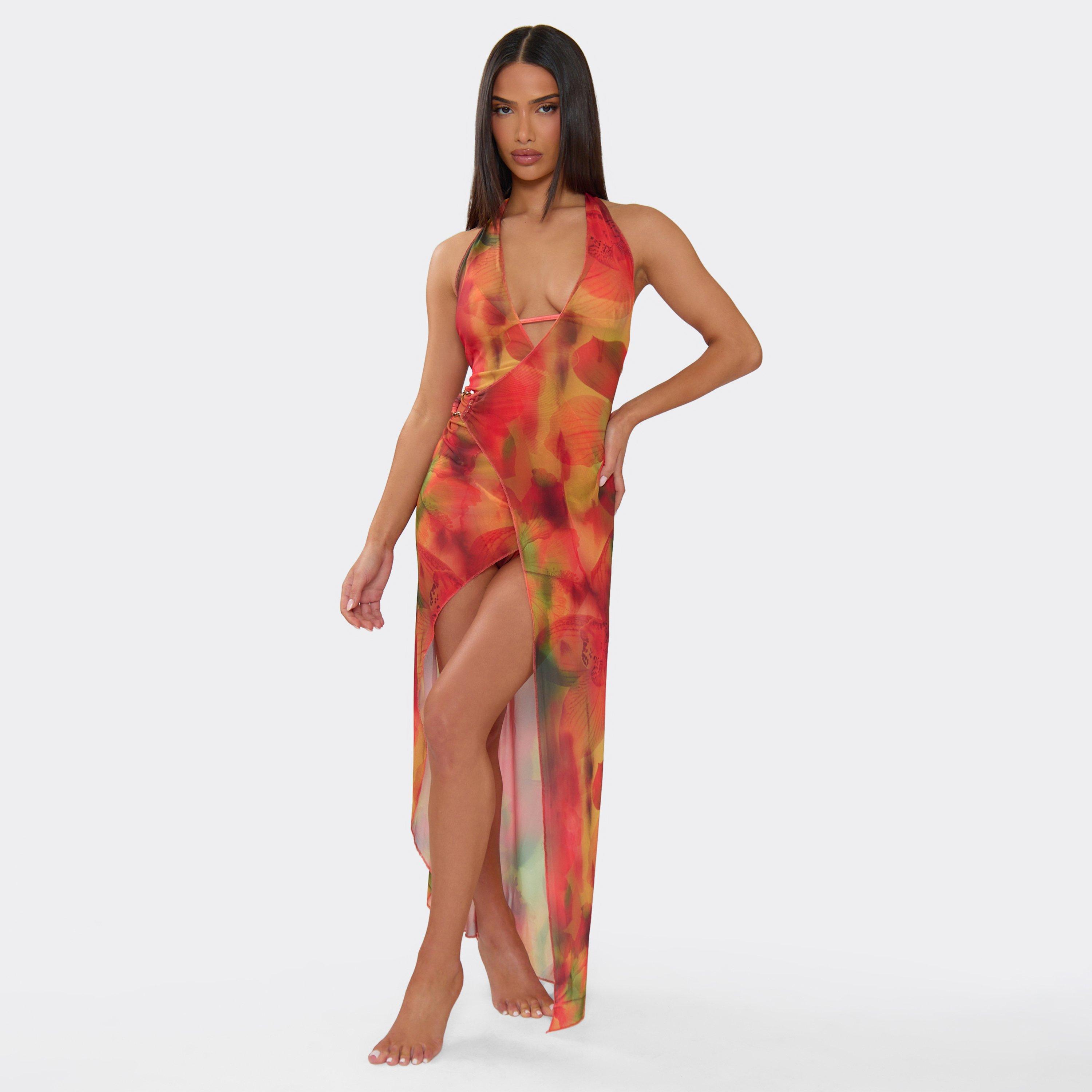 Plunge Halterneck Trim Detail Side Split Maxi Beach Dress In Red Abstract Floral Print, Women’s