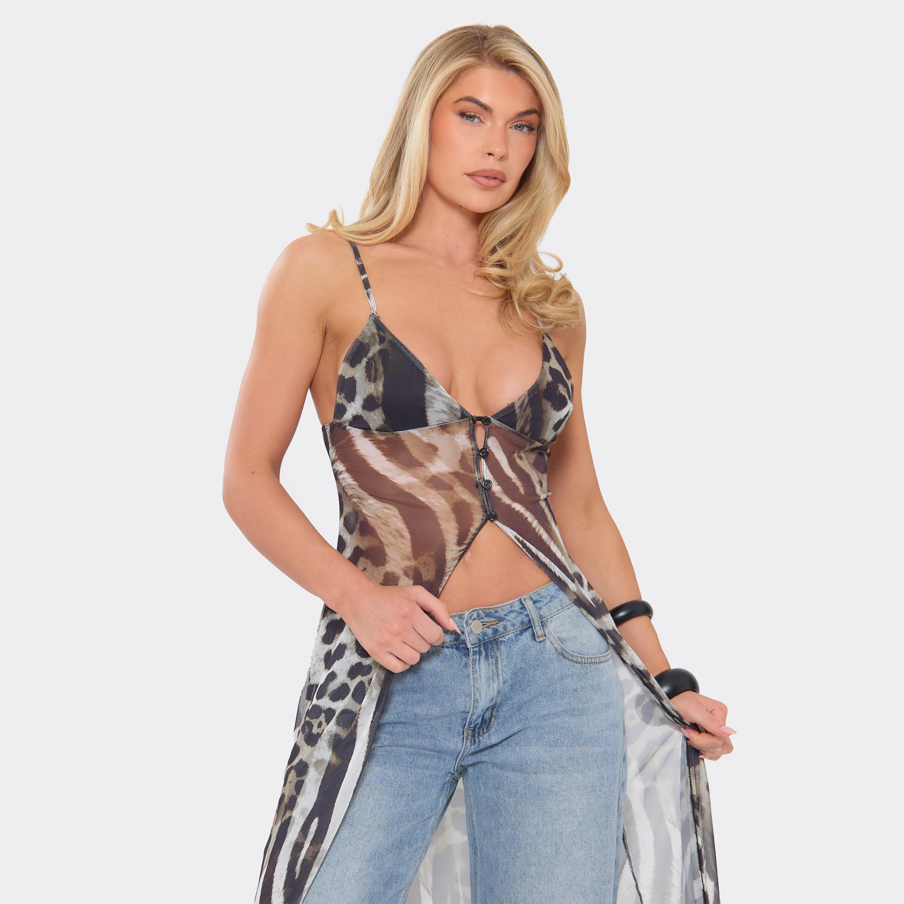 Image of Strappy Button Down Longline Top In Multi Animal Print Mesh, Women's