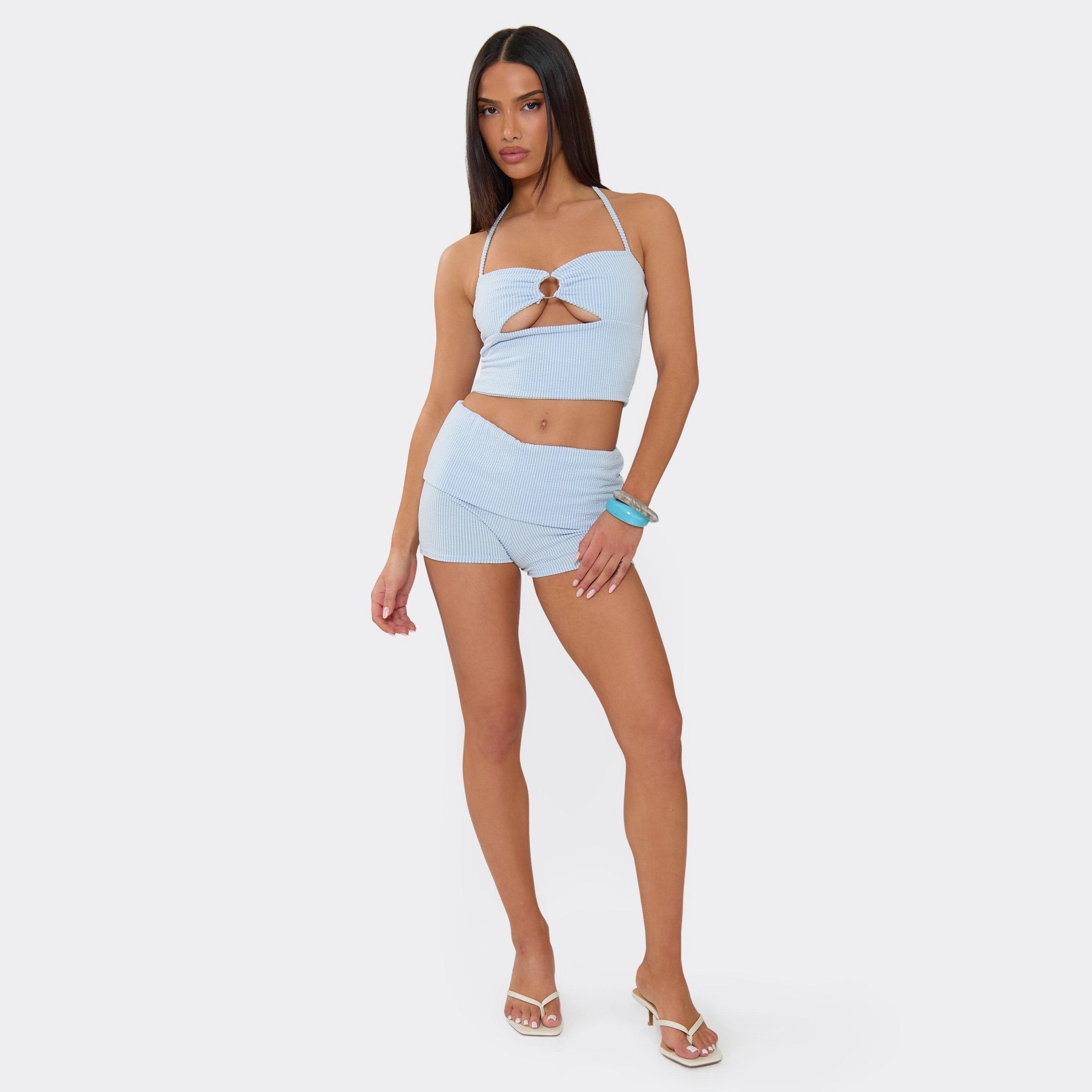 Fold Over Waistband Shorts In Blue Stripe, Women’s