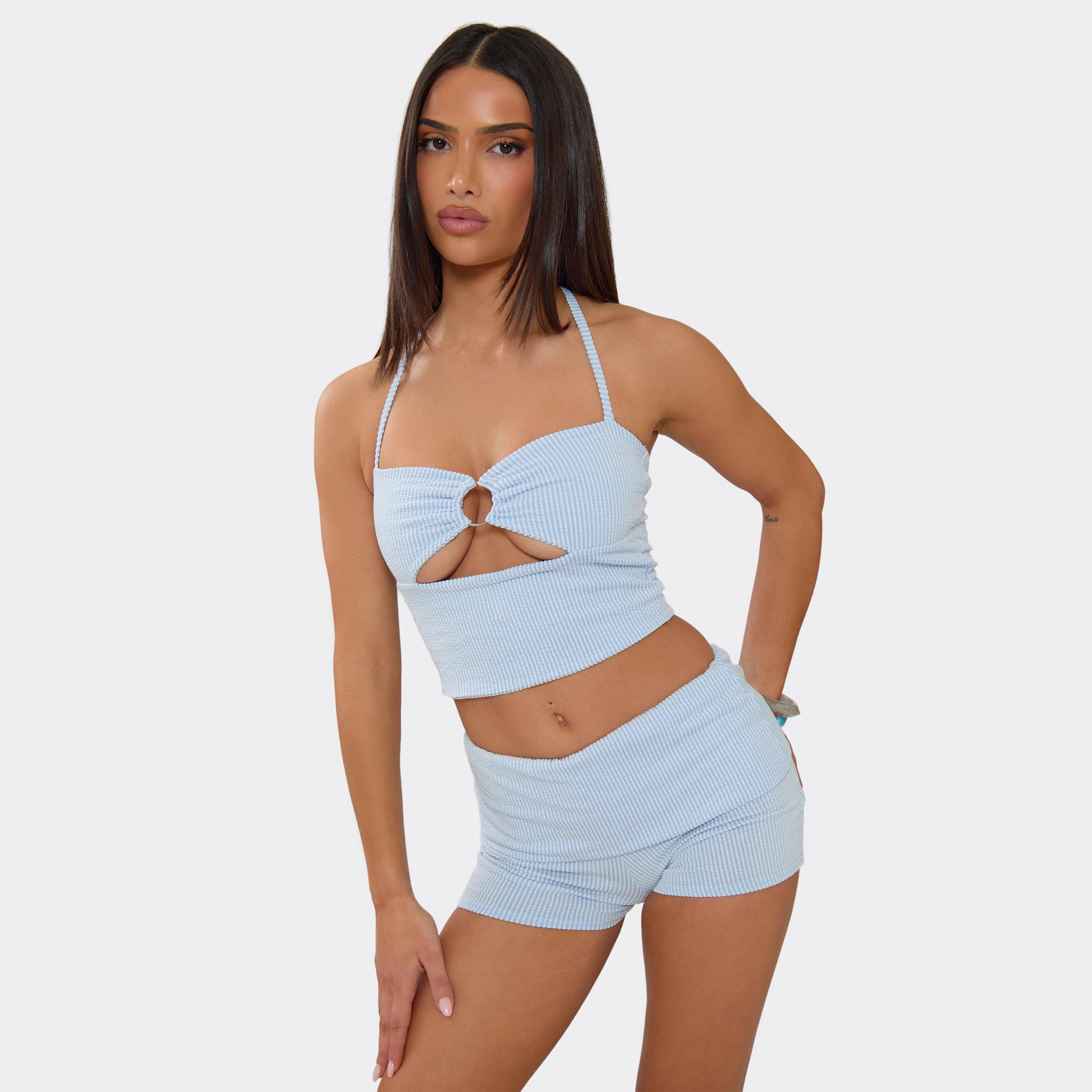 Halterneck Cut Out Ring Detail Crop Top In Blue Stripe, Women's Size UK 14