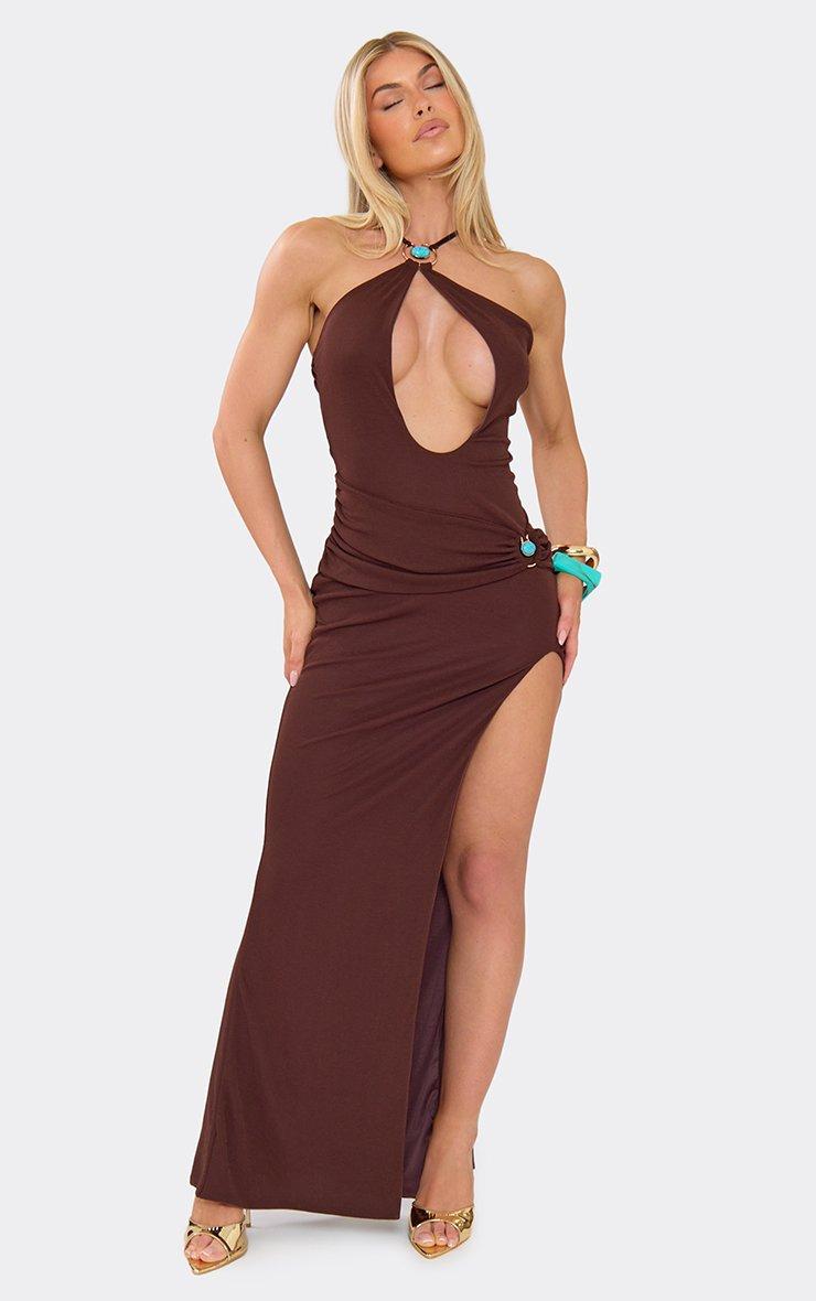backless ruffle detailing mini dress in brown Draped Open-Back A-Line Mini Dress in Chocolate Brown main image 0