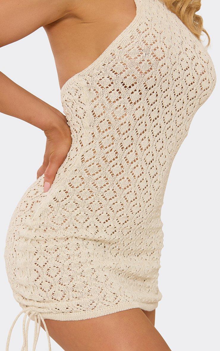 High Neck Mini Dress In Cream Glitter Crochet Knit, Women's Size US L - EGO