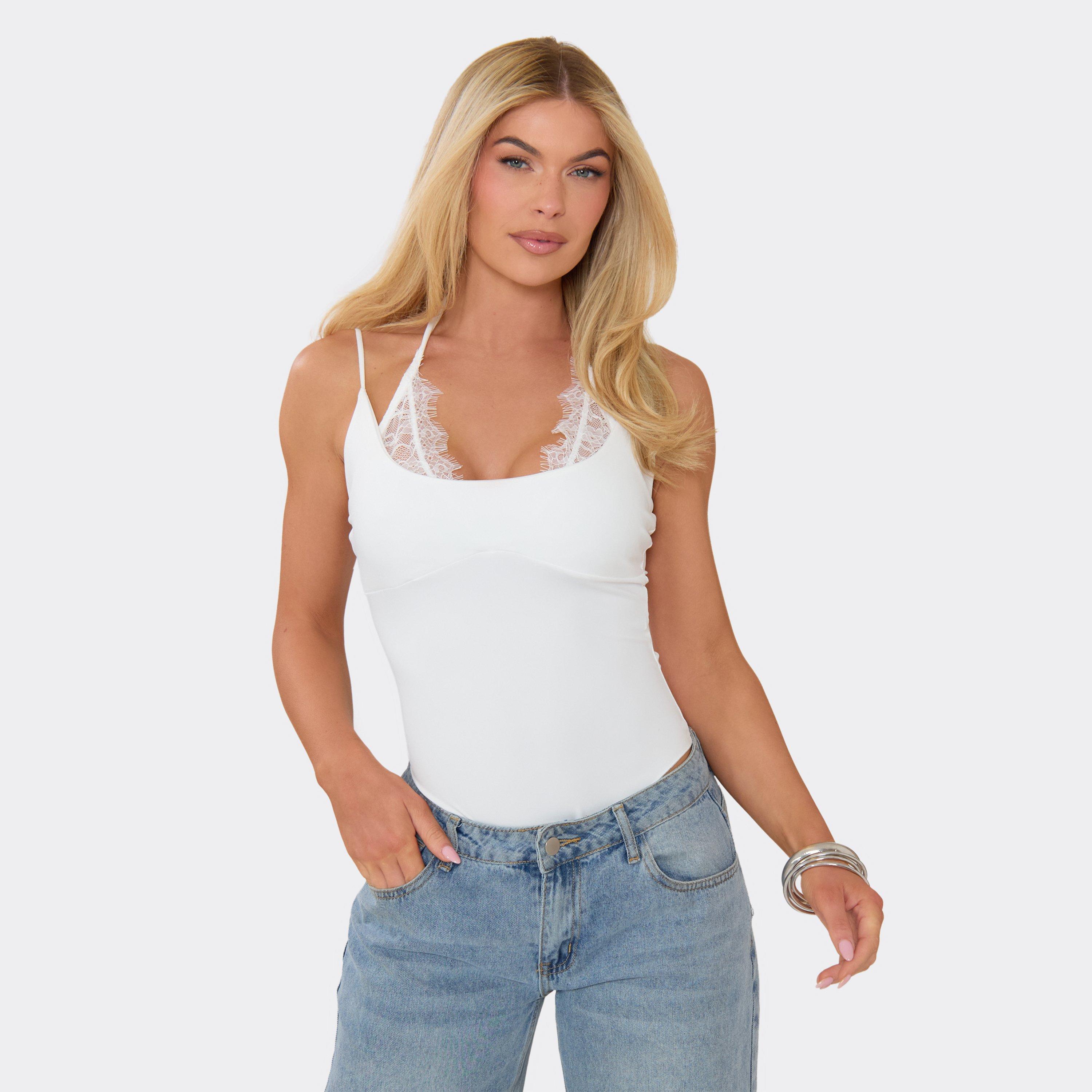 Square Neck Strappy Lace Trim Bodysuit In White, Women's Size UK L