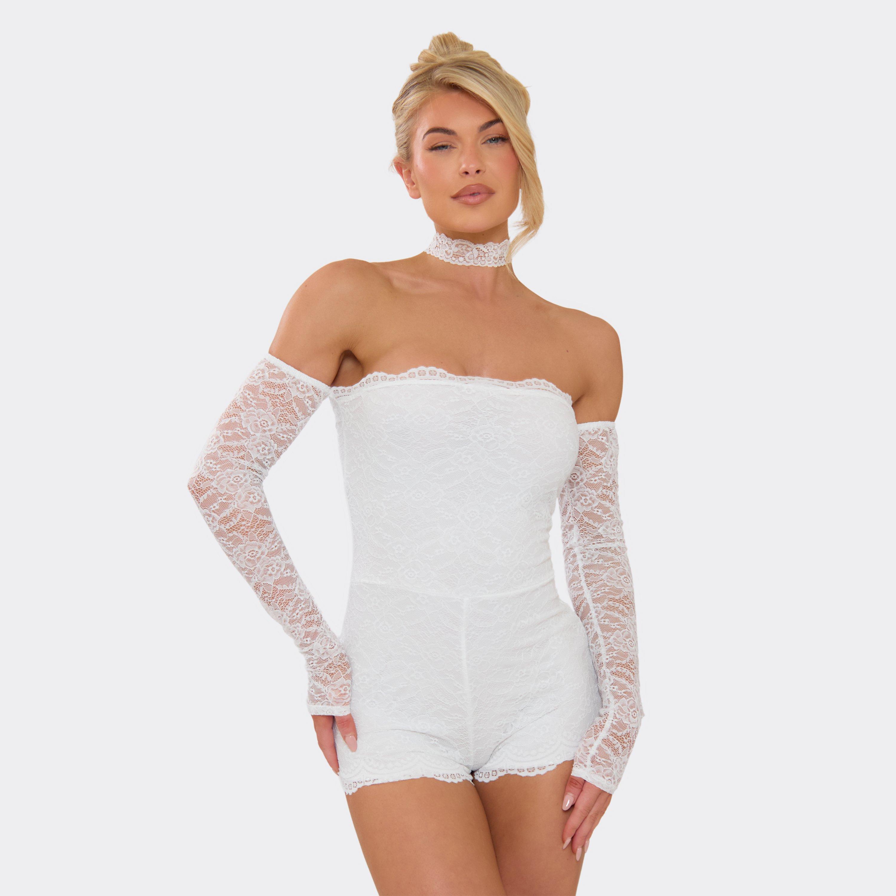 Image of Bardot Choker Detail Playsuit In White Lace, Women's