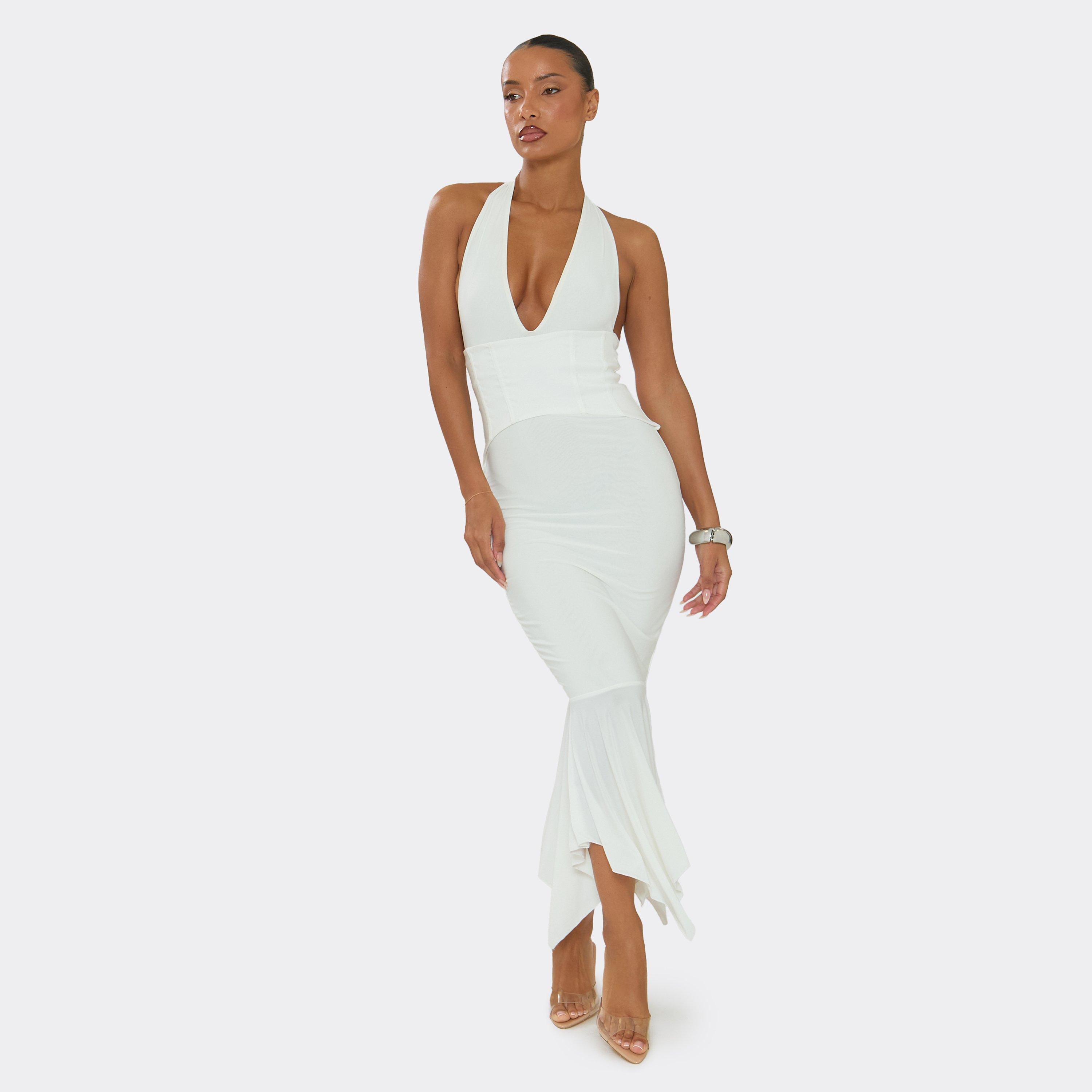 Halterneck Corset Detail Hanky Hem Midaxi Dress In White, Women’s