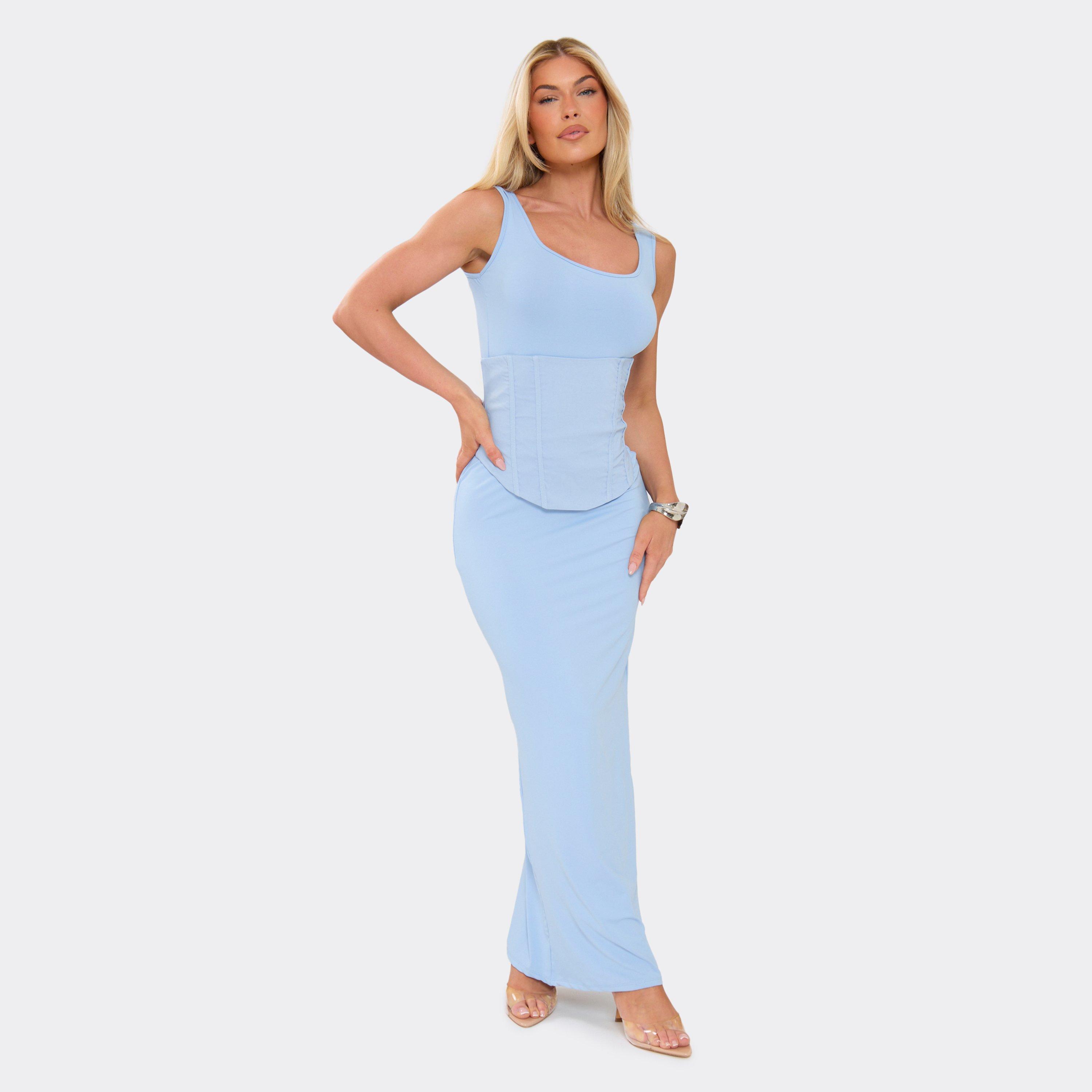 Scoop Neck Corset Detail Maxi Dress In Blue, Women’s