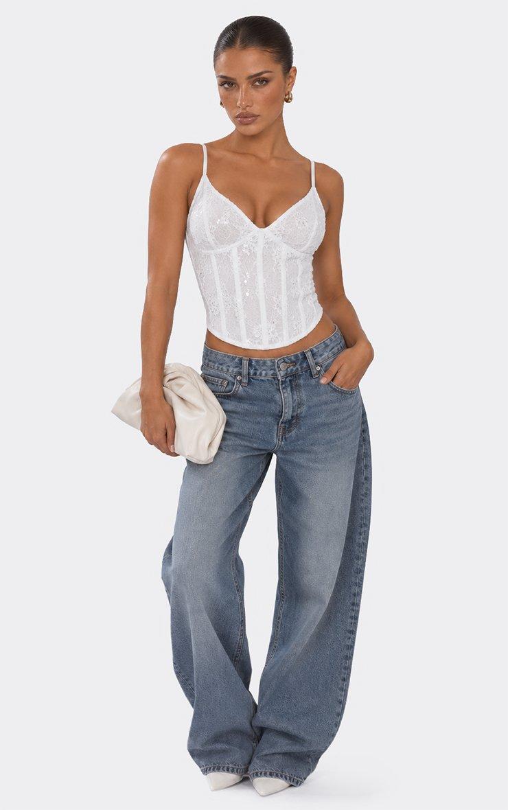 Strappy Sequin Detail Corset Top In White Lace.