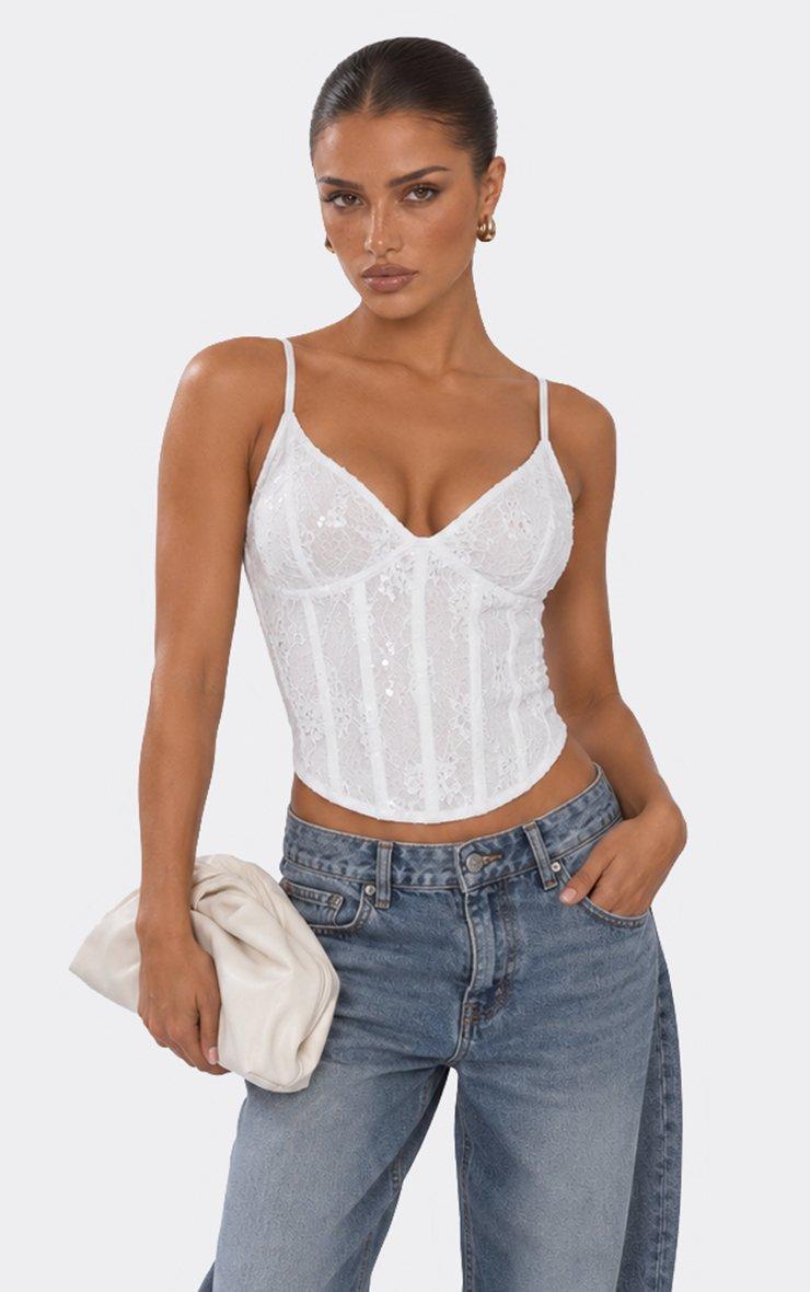 Strappy Sequin Detail Corset Top In White Lace.