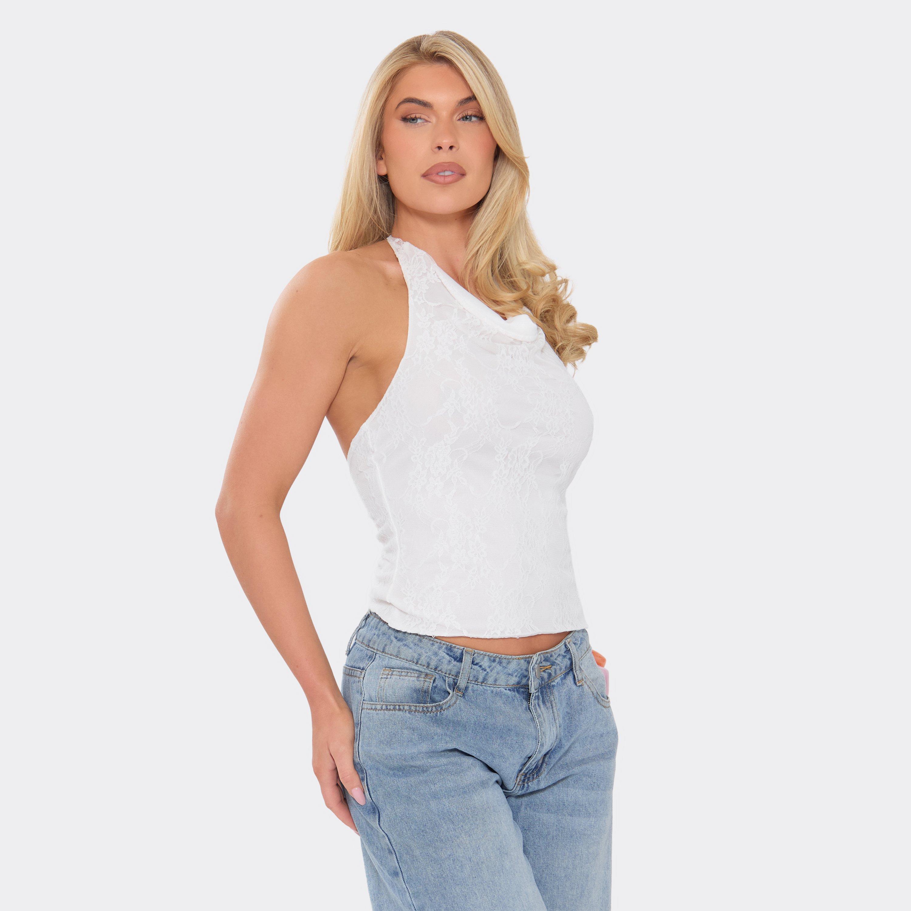 Image of Cowl High Neck Top In White Lace, Women's